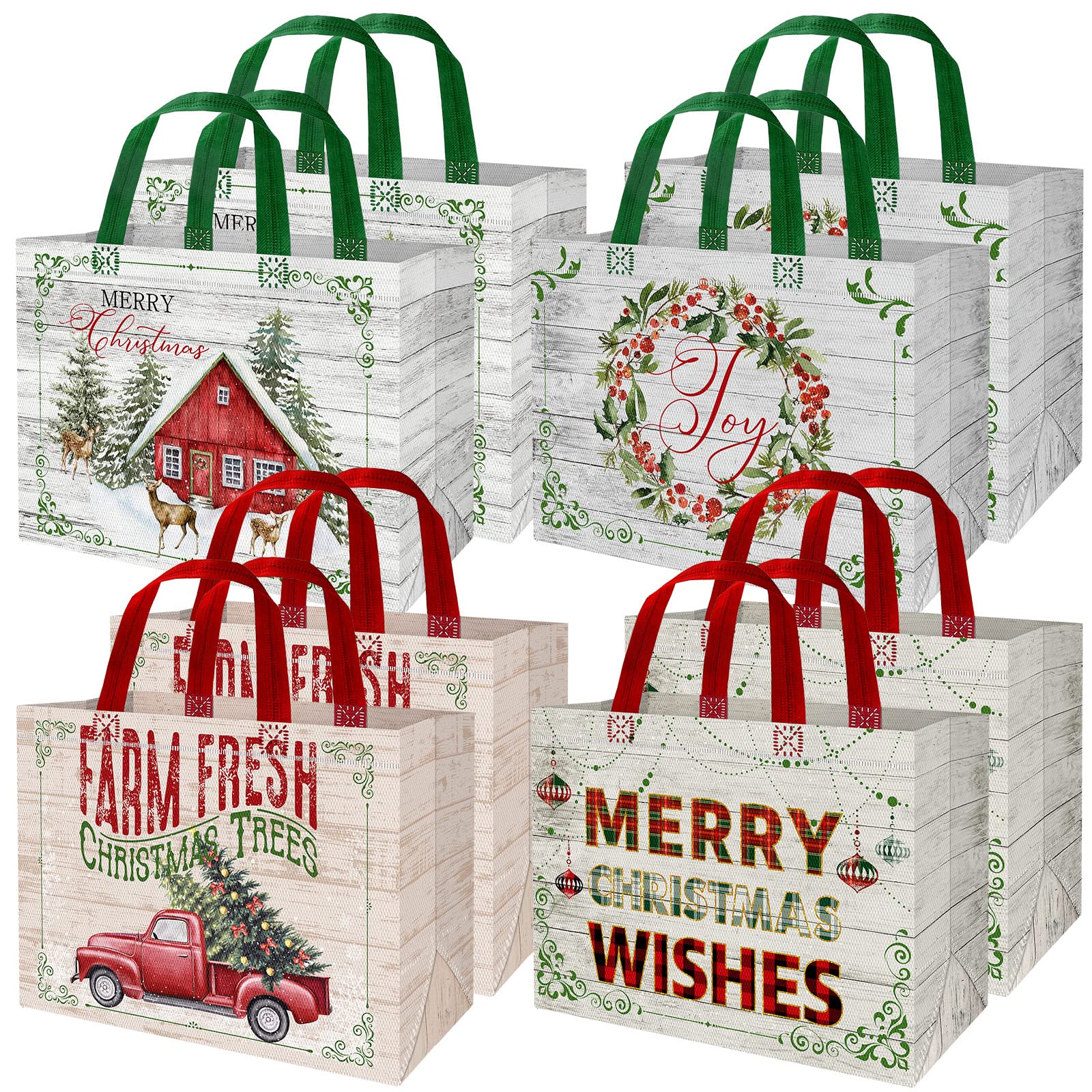 Whaline Christmas Non-Woven Bags 8 Pack Rustic Wood Grain Truck Tree Pattern Reusable Gift Goodie Bag Merry Christmas Shopping Totes with Handles for Xmas Holiday Party Favor Supplies, 4 Designs
