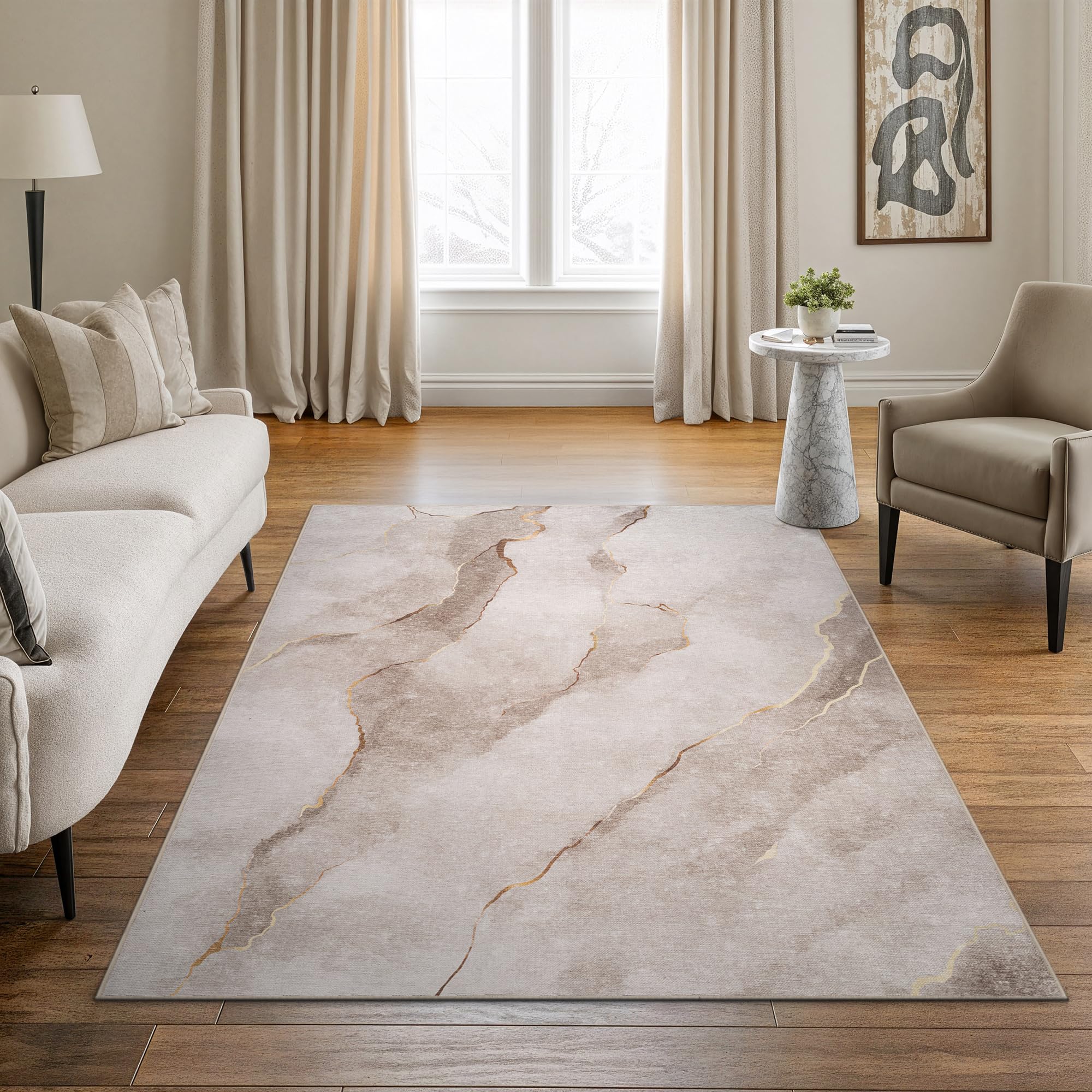 Bloom Rugs Caria Washable Non-Slip 4x6 Rug - Ivory/Gold Modern Abstract Area Rug for Living Room, Bedroom, Dining Room, and Kitchen - Exact Size: 4' x