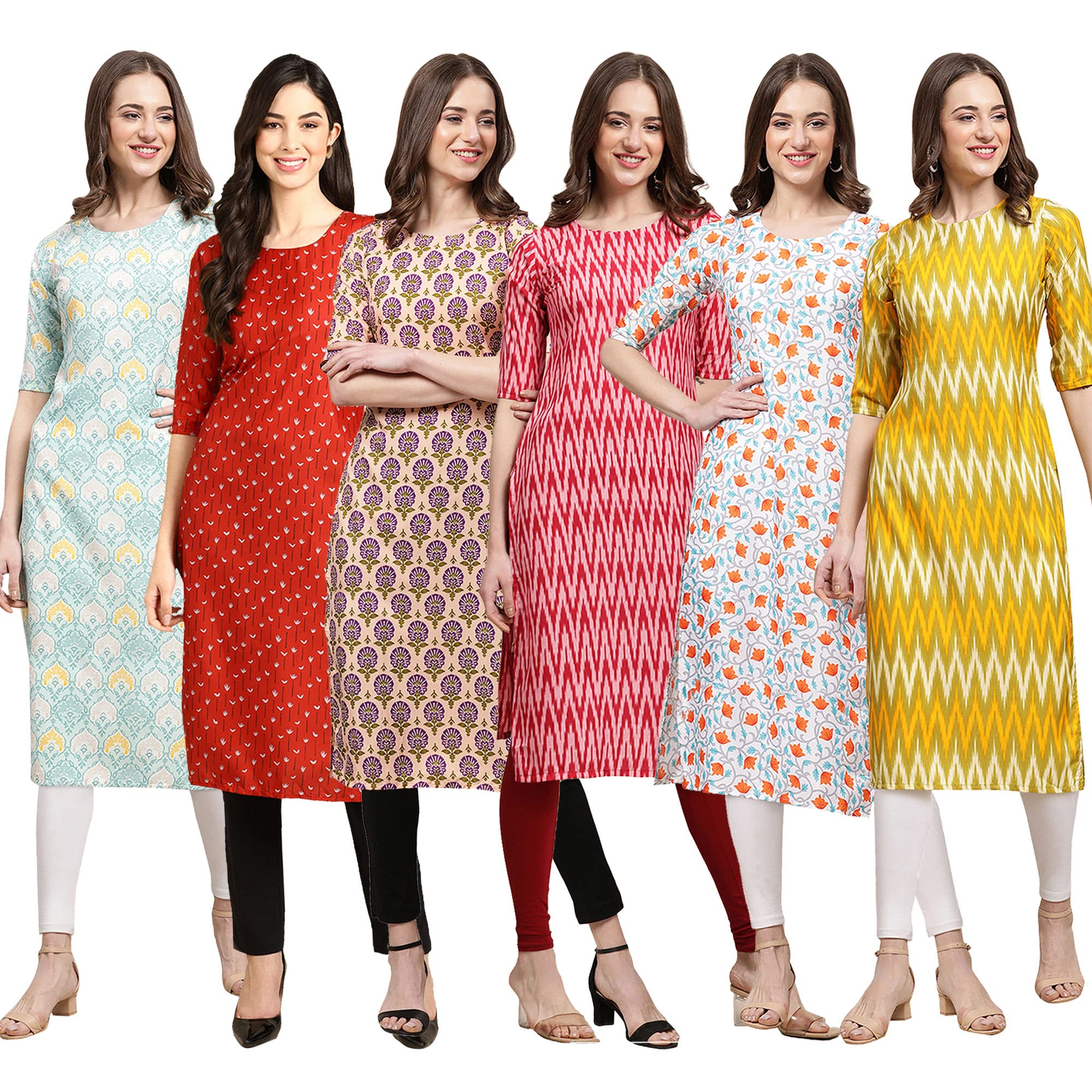 Pinkmint Women's Crepe Digital Print Straight Kurta Pack Of 6 [Cr-343-370-332-328-334-329-M]