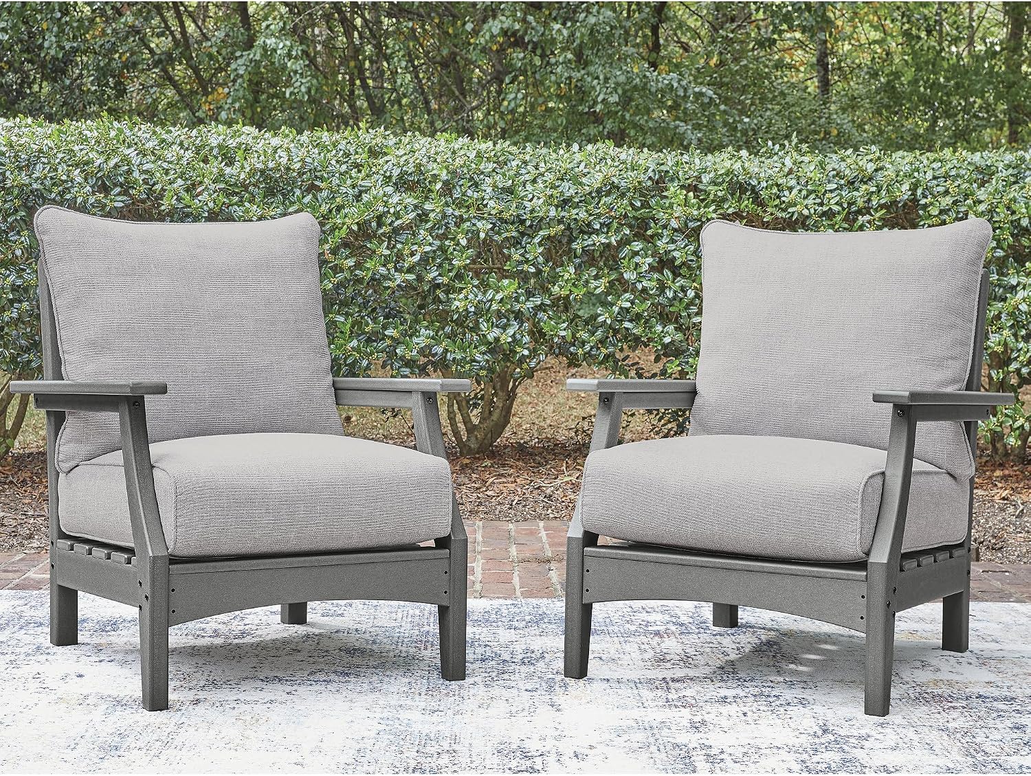 Signature Design by Ashley Outdoor Lounge Chair Set of 2, Gray | Weather resistant MEGA-TUFF HDPE, Solution-dyed Nuvella fabric cushions, Track arm design, 250 lbs capacity, Lone View Bay