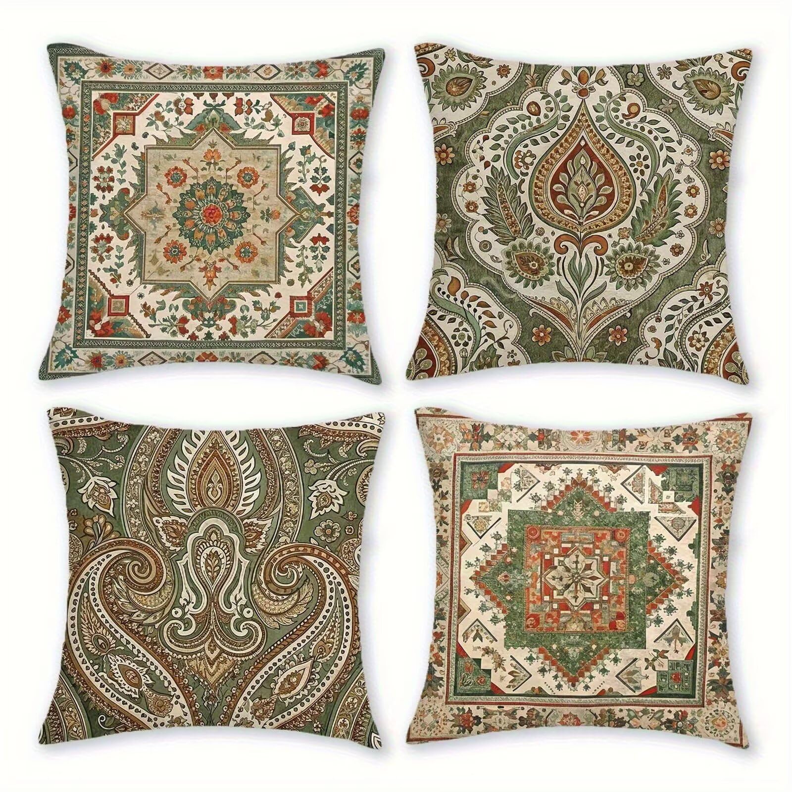 QiHon Green Bohemian Cushion Covers 30x30 cm Set of 4, Decorative Throw Pillow Cases, 12x12 inch Square Linen Pillowcases for Sofa Living Room Bedroo