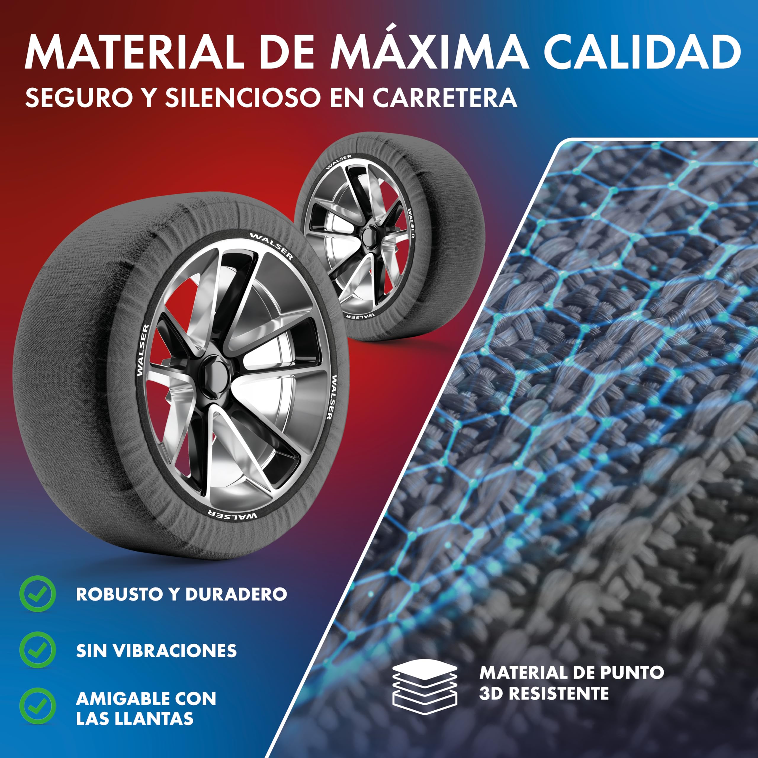 Walser Premium Cadenas de Nieve Ultra Grip, Juego de 2 Cadenas de Nieve Textiles, Dos Fundas Rueda Nieve para Coche, Cadenas de Nieve Textiles, Cadenas de Invierno Coche tamaño de llanta R13-R22, XL