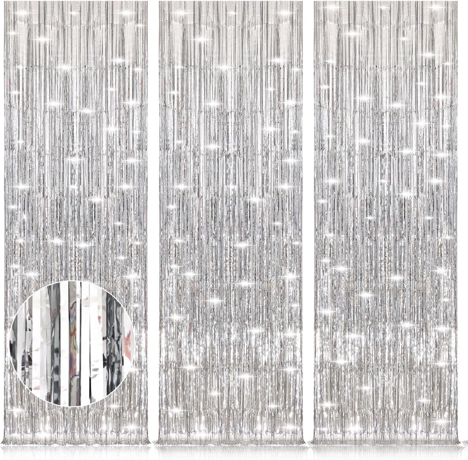 Accevo Silver Party Streamers 3Pack Metallic Tinsel Foil Fringe Curtains 3.2ft x 8.2ft Party Decorations for Photo Booth Photoshoot Birthday Bridal Shower Engagement Bachelorette Disco Party Decor