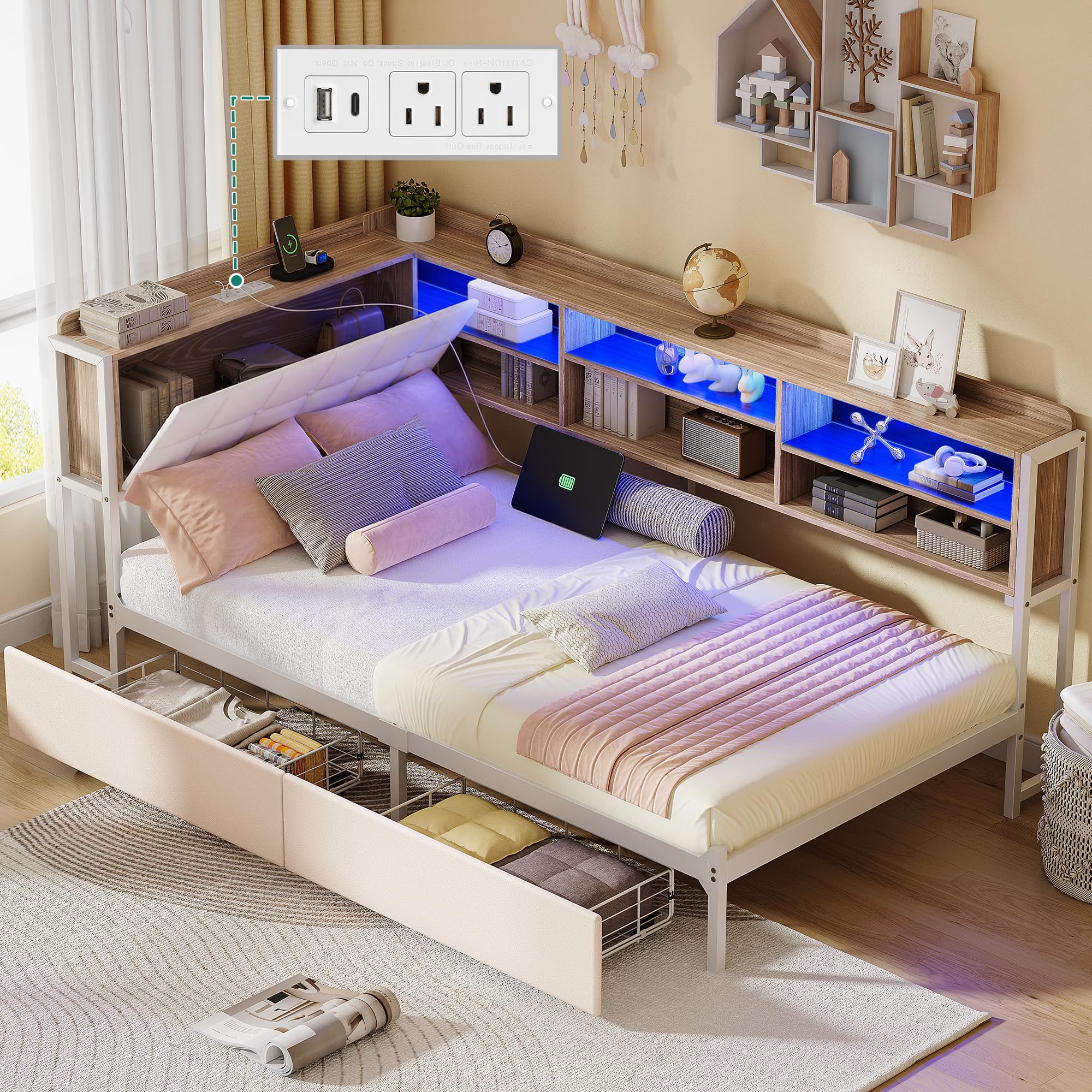 Photo 1 of ***PARTIAL SET***Twin Size Corner Bed Frame with 2 Storage Drawers and Bookcase, PU White