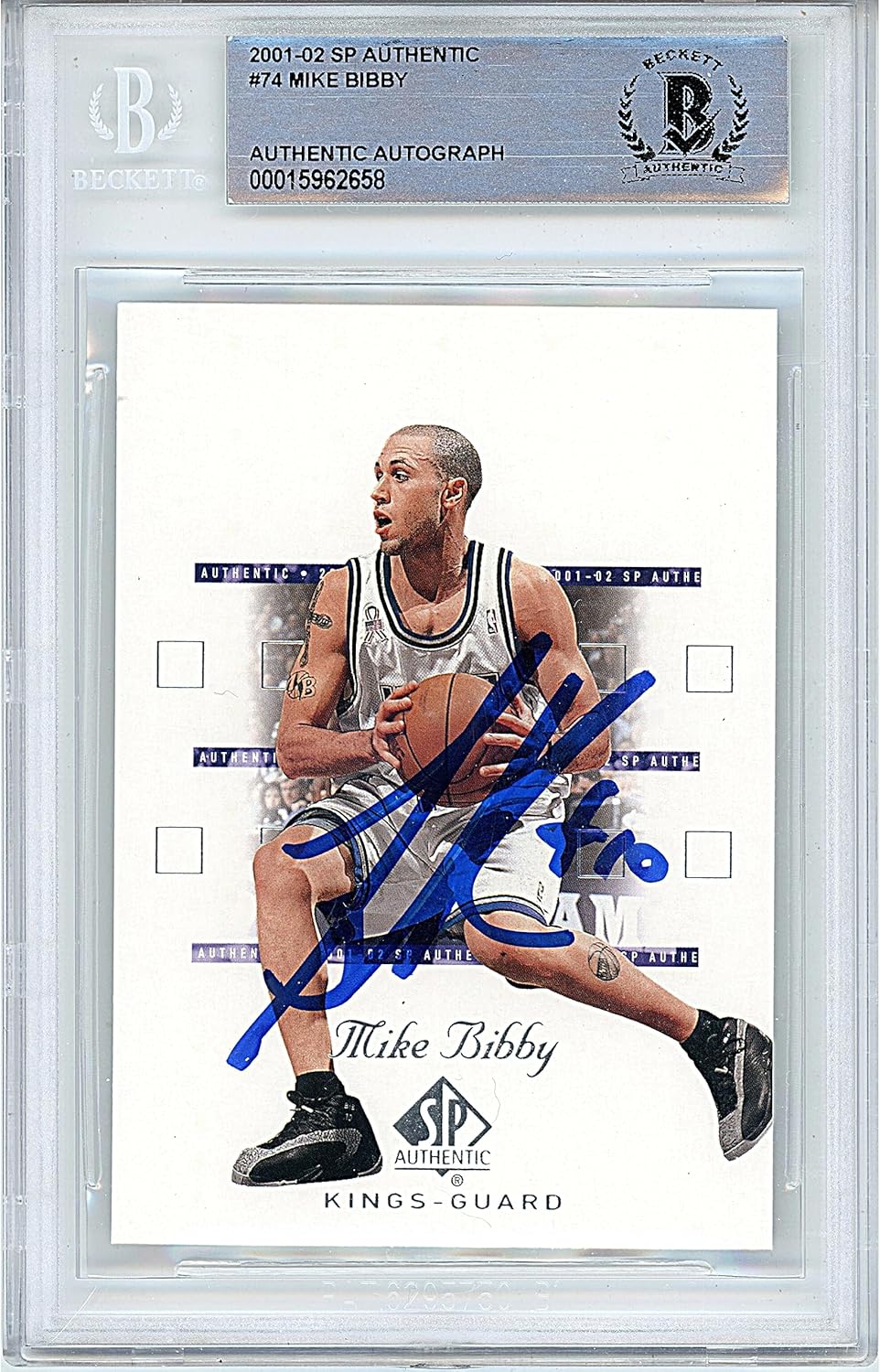 Mike Bibby Autographed 2001 02 Upper Deck SP Authentic #74 Basketball Trading Card Slab Beckett BAS Authentic Slabbed COA Played For Sacramento Kings NBA