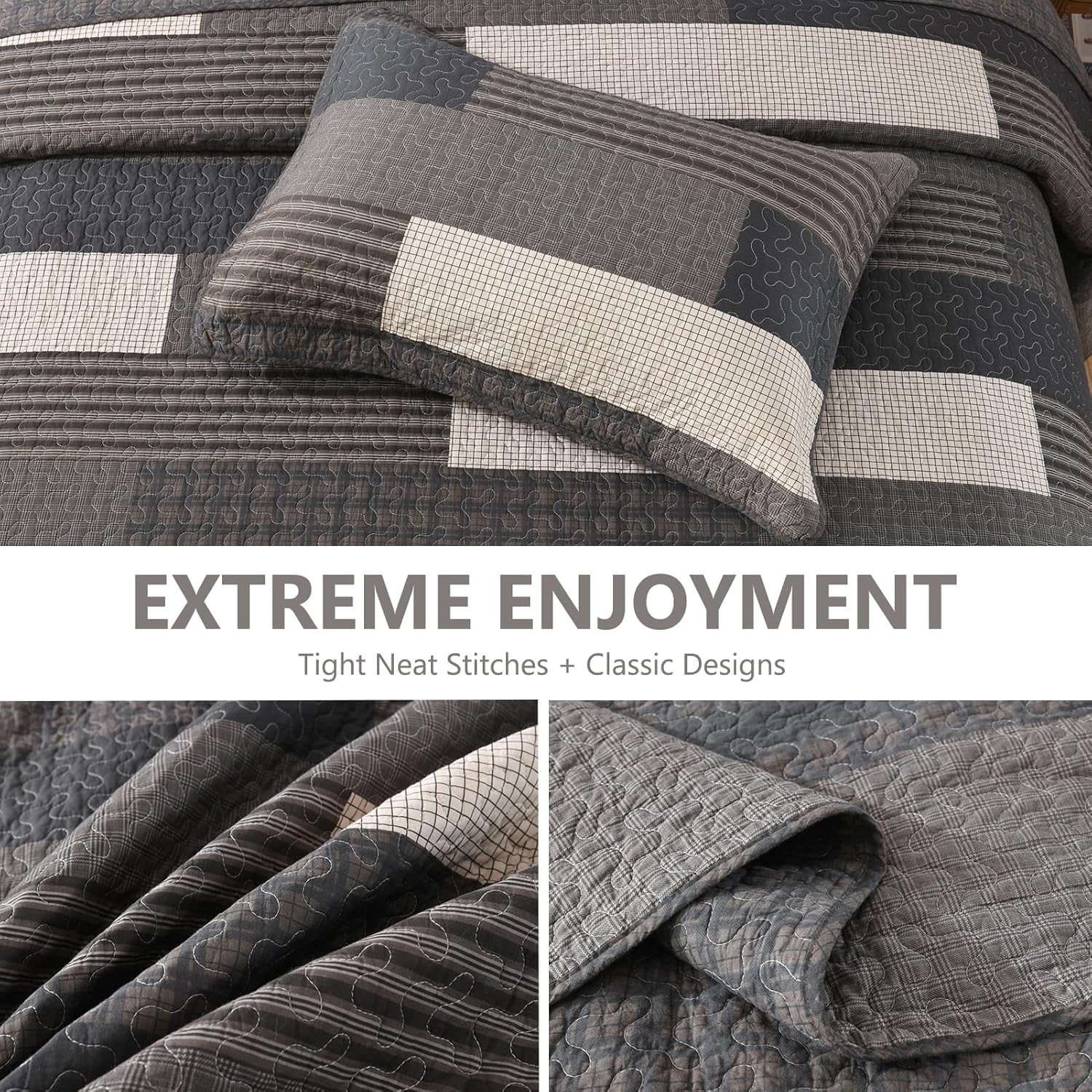 100% Cotton 128"x120" Oversized Quilt Bedspread, Plaid Pattern California King Extra Large Quilt Bedding Set, Cal King XL Bed Spread Lightweight Comforter, Gray, 3Pcs