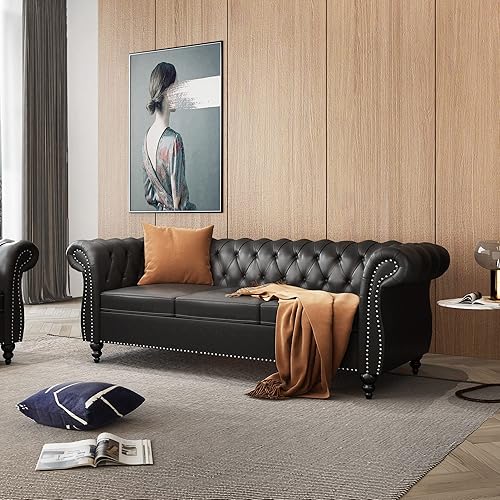 Miniatura 7 de ONCIN Chesterfield - Sofá de cuero para sala de estar, sofá de 3 plazas, sofá copetudo, piel sintética con brazos enrollados y cabeza de clavo para