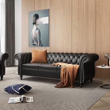 PU 3 Seater Sofa, Chesterfield Sofa Modern Tufted Couch 3 Seater Large Sofa with Scroll Arms and Nailhead for Living Room, Black PU