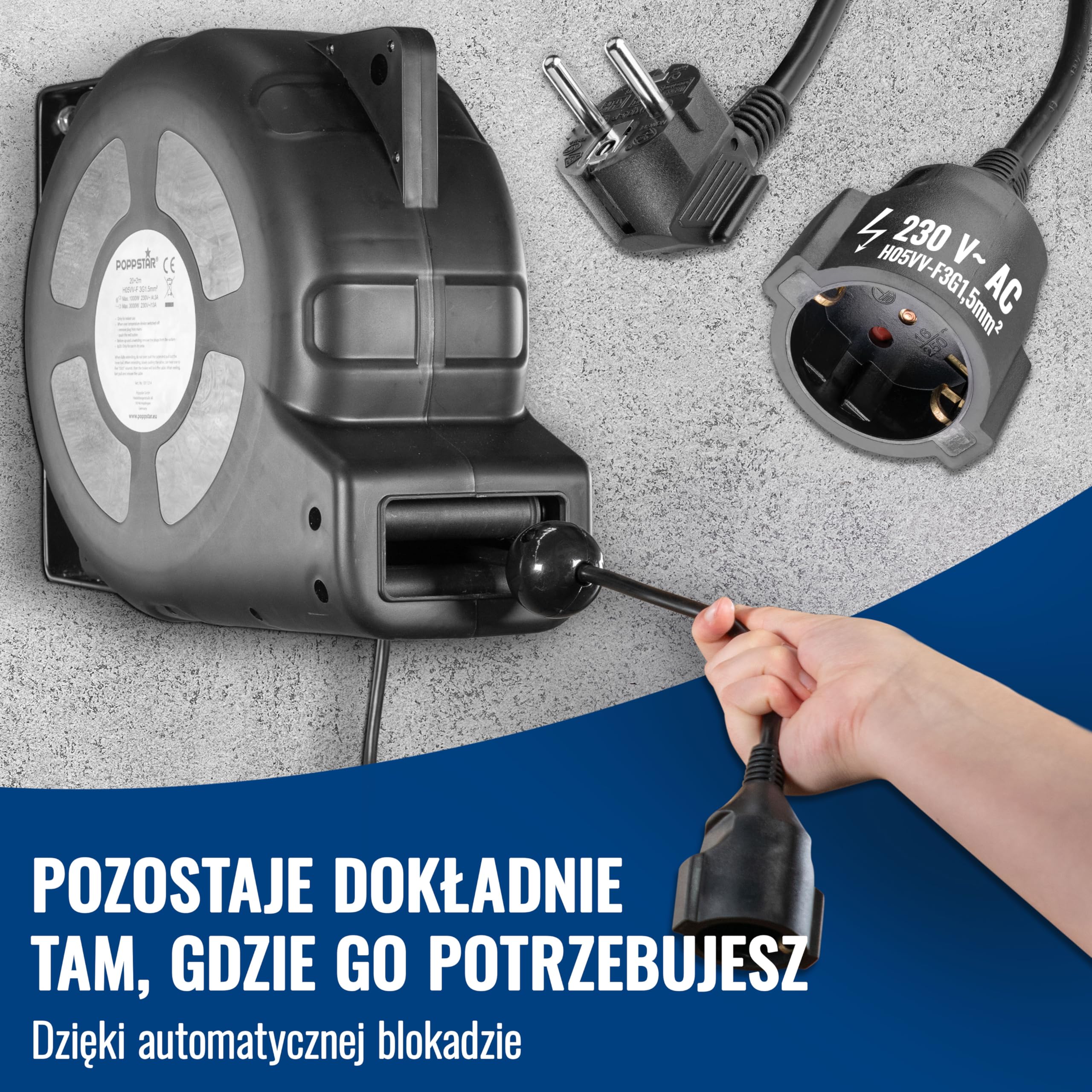 Poppstar automatyczny zwijacz kabli 20m + 2m (maks. 3000W), automatyczna szpulka kablowa samozwijająca IP20 ze wyłącznikiem termicznym
