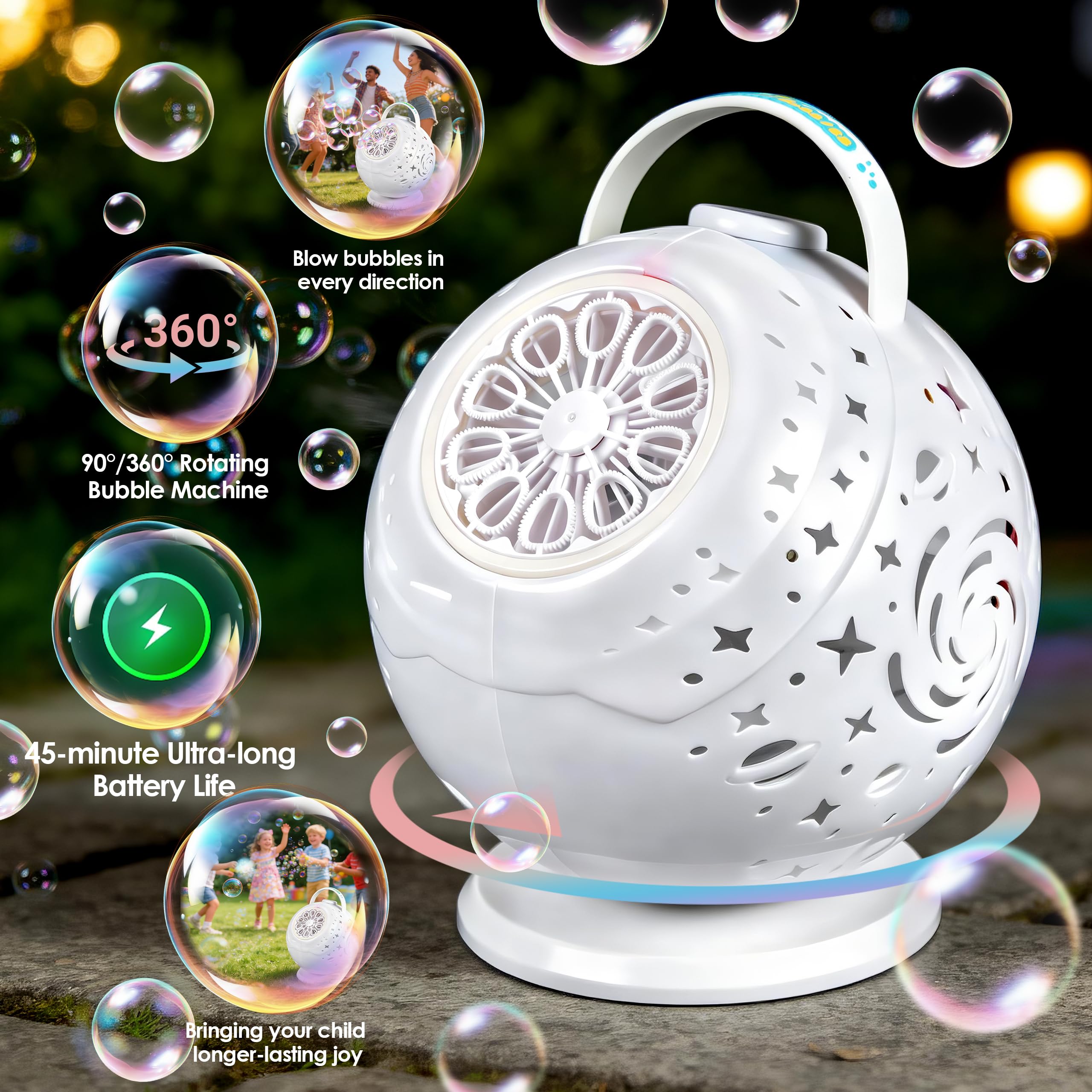 Macchina per bolle di sapone ricaricabile per bambini con telecomando | oltre 20.000 bolle al minuto, rotazione di 90°/360°, 7 luci LED colorate, durata della batteria: circa 50 minuti