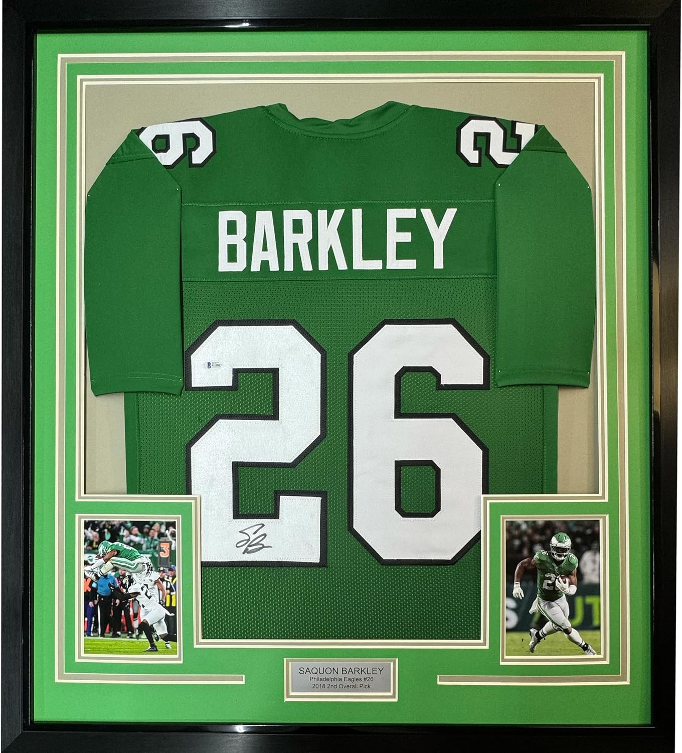 Framed Autographed/Signed Saquon Barkley 35x39 Philadelphia Kelly Green Football Jersey Beckett BAS COA