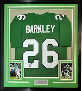 Framed Autographed/Signed Saquon Barkley 35x39 Philadelphia Kelly Green Football Jersey Beckett BAS COA