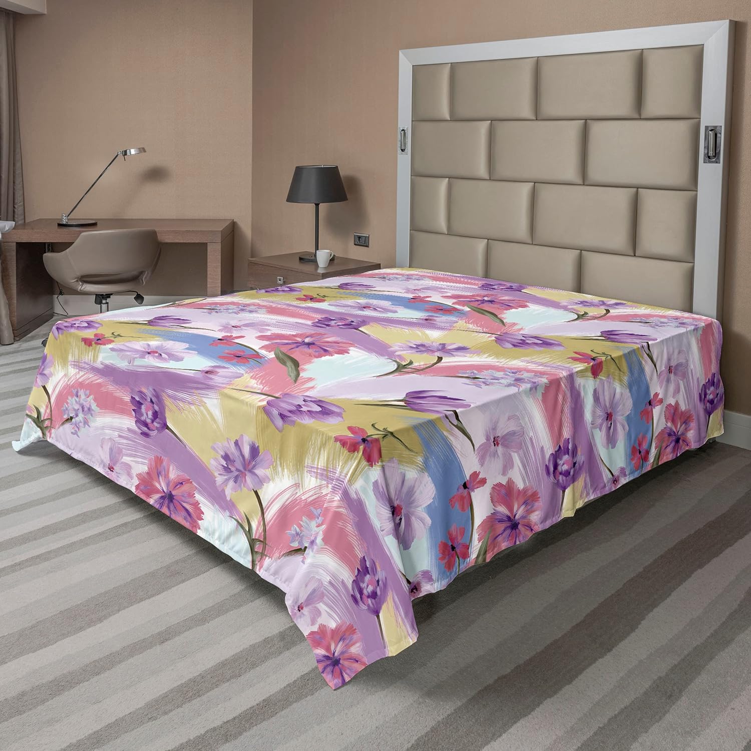 Ambesonne Floral Flat Sheet, Geometric Style Retro Flower Petals with Striped Details Print Artwork, Soft Comfortable Top Sheet Decorative Bedding 1 Piece, Queen Size, Petrol Blue and Cinnamon