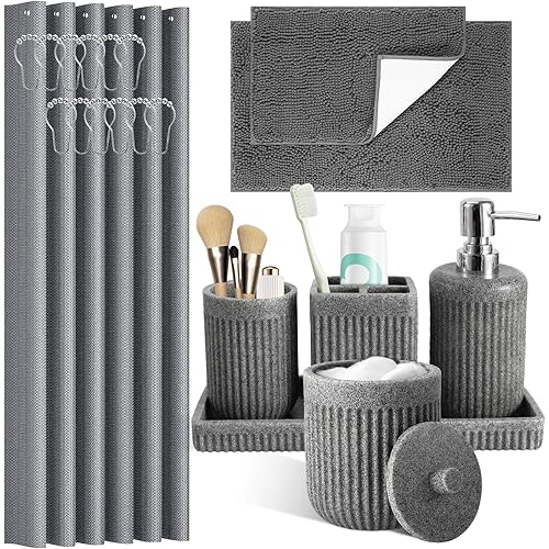 8-Piece Grey Bathroom Set - Resin Bathroom Accessories Sets Complete with Shower Curtain and Rugs, Soap Dispenser, Toothbrush Holder, Tumbler & Apothecary Jars