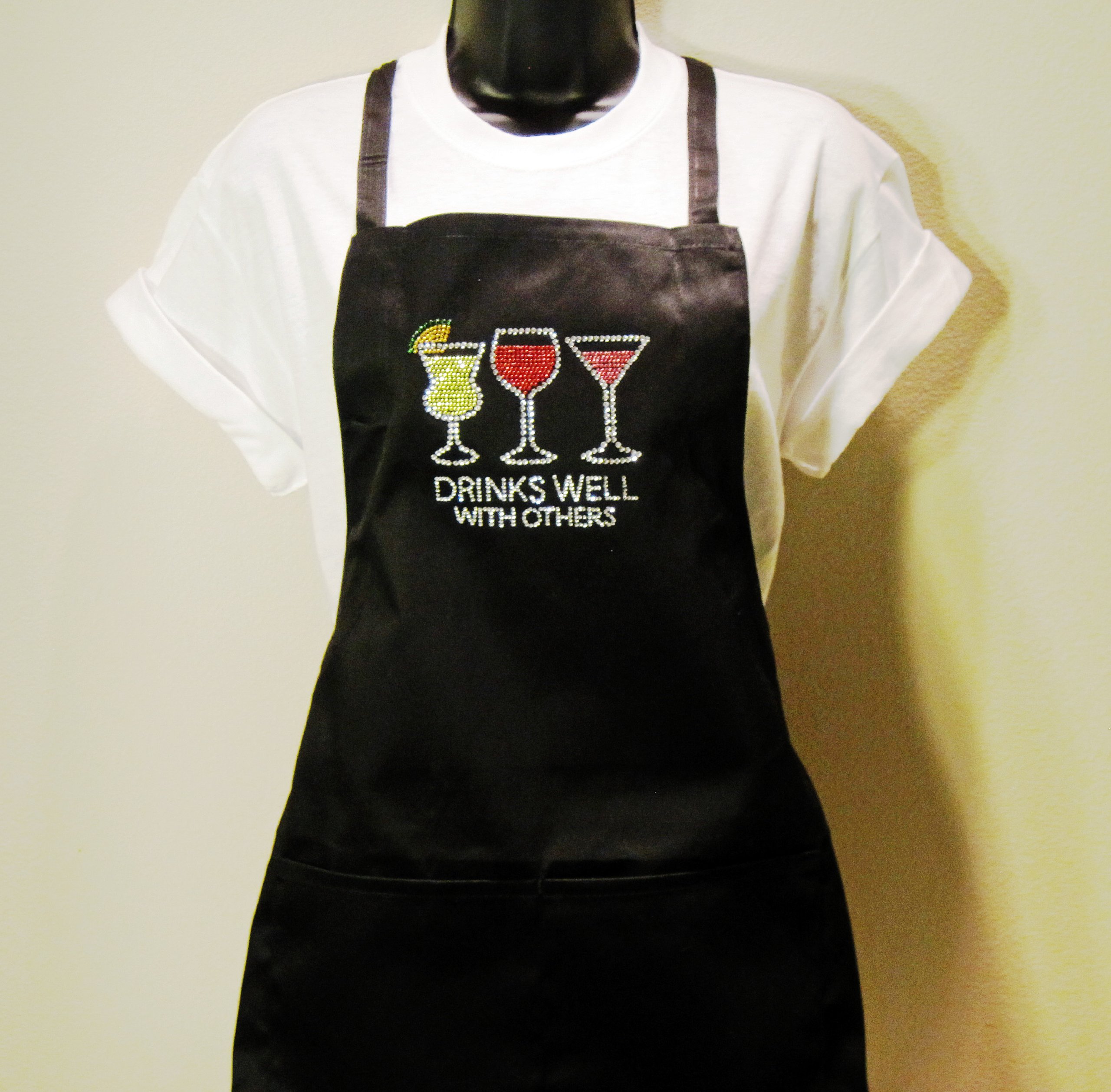 Drink Well With Others - Classic Black Apron - Rhinestone - Poly Blend Two Pocket Apron