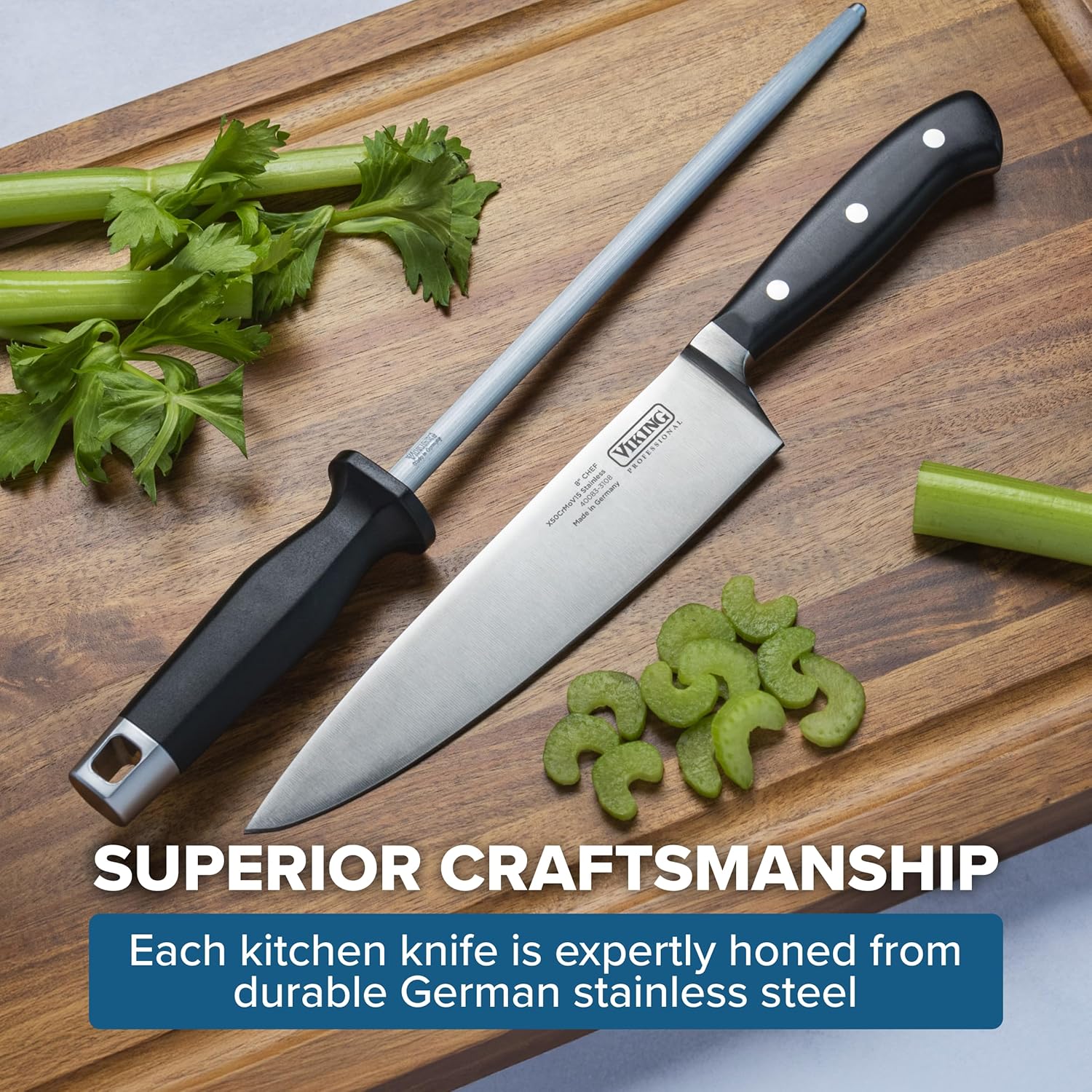 Viking Kitchen Knife Sharpener, 10 Inch Knives and Cutlery Sharpening Rod, German Steel, Black