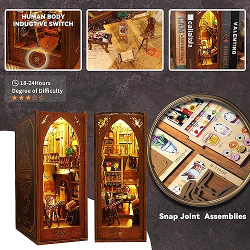 Miniatura 5 de Flever Kit miniatura de rincón de libro para casa de muñecas, decoración de estantería de libros de casa de muñecas para bricolaje, rompecabezas