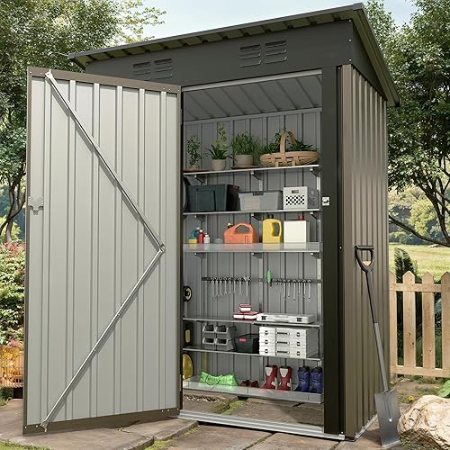 GarveeLife 5x3 FT Outdoor Storage Shed, Tool Shed with Sloping Roof and Lockable Door, Compact Metal Tool Garden Shed for Garden, Backyard, Patio (Brown)