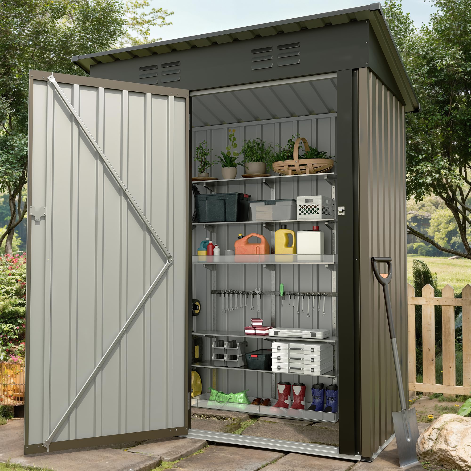 GarveeHome Geräteschuppen Metall, 152x90x183 cm (5 x 3 Fuß), Robustes Metall-Anlehnschuppen mit abschließbarer Tür und Schrägdach, wetterfester Aufbewahrungsschrank für Terrasse Garten, Braun