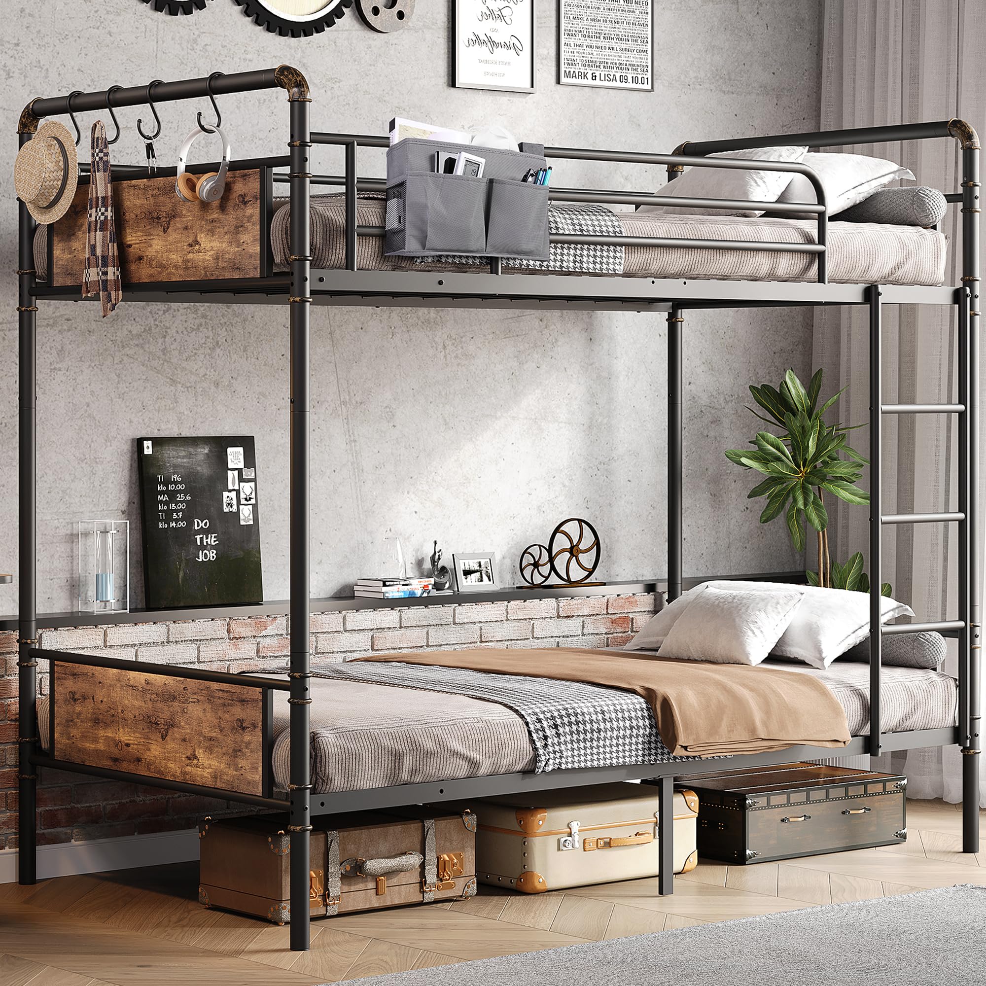 Metal Bunk Bed Twin Over Twin, Industrial Bunkbeds Heavy Duty Bed with Safety Guard Rails and Space-Saving Design, Steel Bed for School, Bedroom (Vintage Brown)