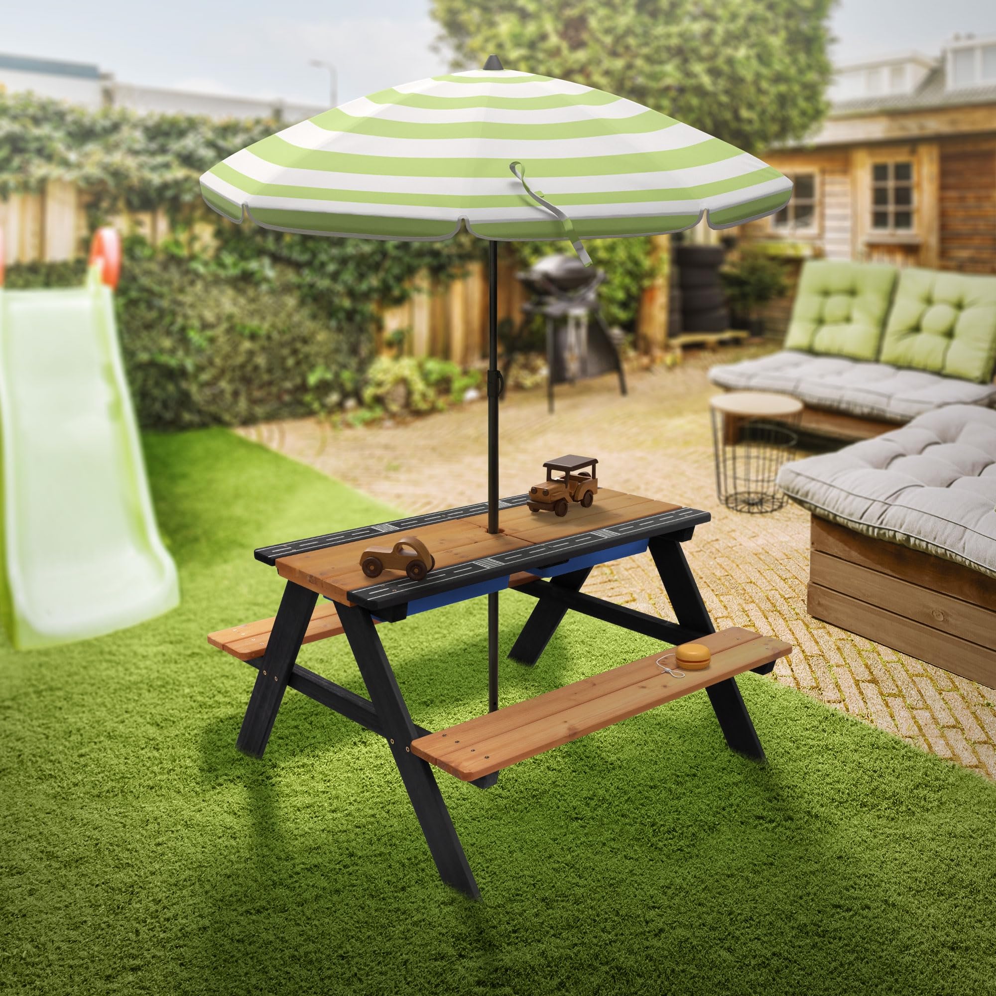 ML-Design 2en1 Ensemble pour Enfants 2 Bancs et Table de Jeux de Sable et d'eau, Brun Naturel, Bois Massif/Métal, Plateau Amovible avec 2 Bacs de Jeu en Plastique Bleu, 4 Places, Trou pour Parasol