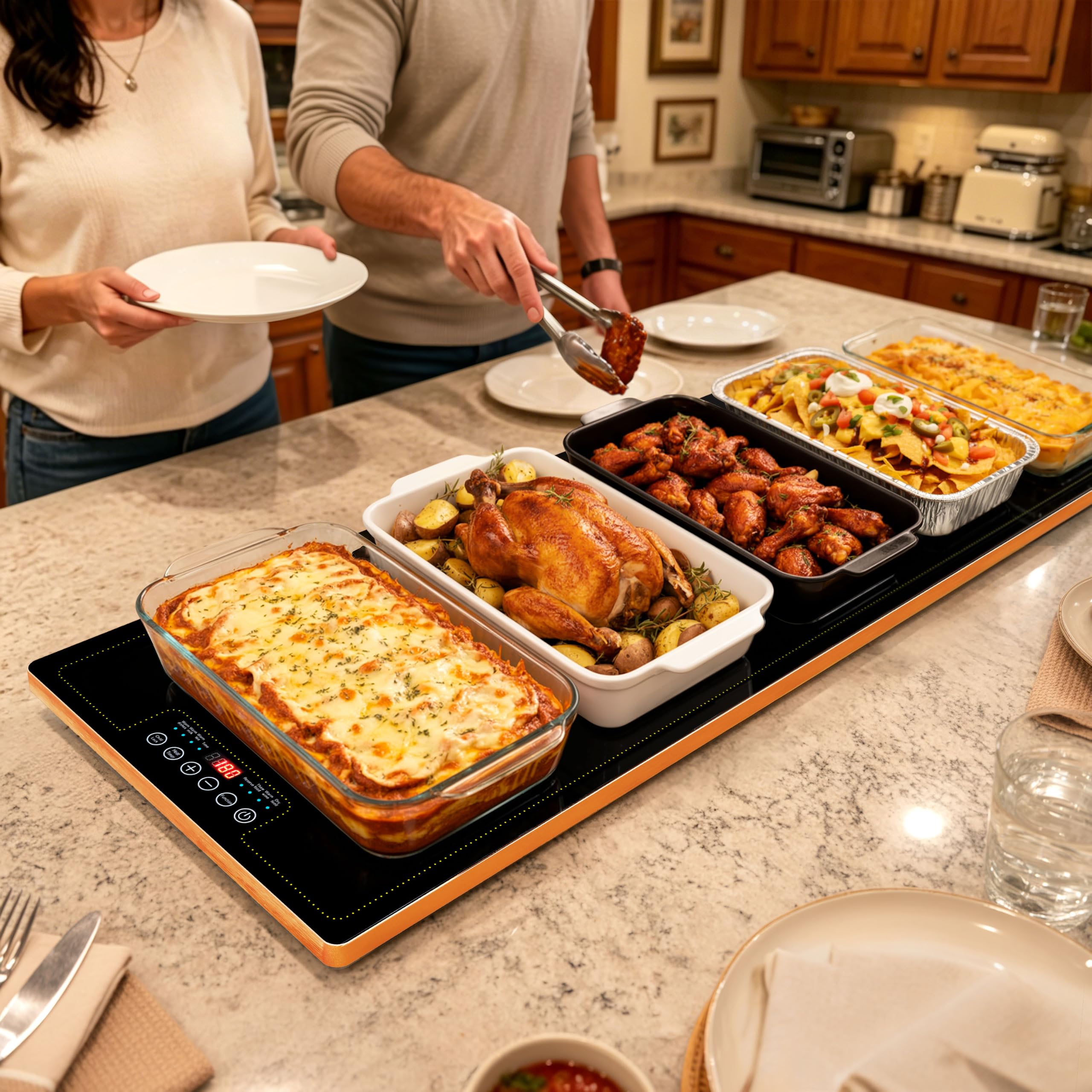 Bandejas de calentamiento eléctrico para fiestas de bufés, calentadores de alimentos de 40 x 14 pulgadas, servidores de buffet y calentadores - Placa caliente extragrande con calentamiento rápido y