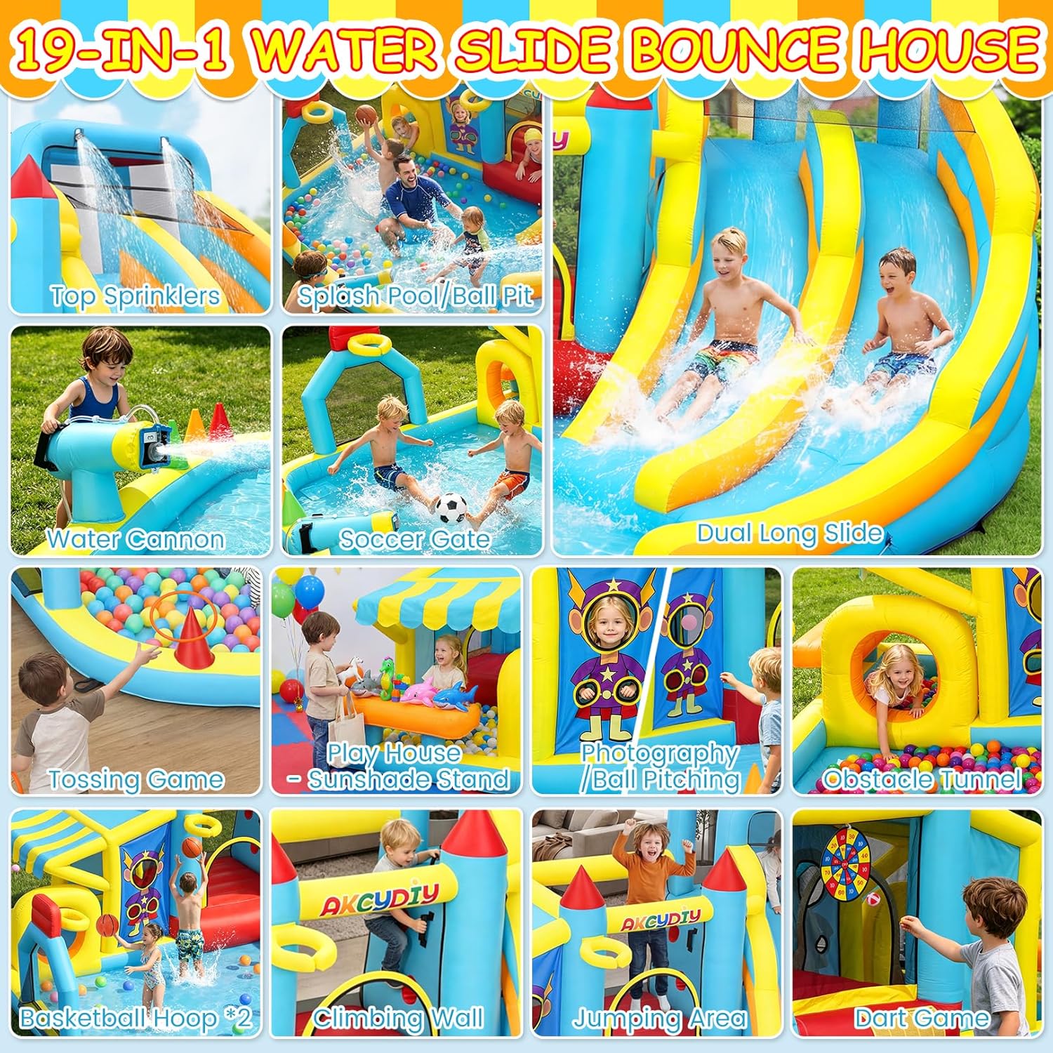 AKEYDIY 19 in 1 Inflatable Water Slide for Kids 3-12, 15.8FT Blow Up Bounce House Water Park with 2 Slides & Hoops, Pool, Soccer Gate, Shop-Stand, Water Cannon, Photography, Dart Ball Kit, Jumping
