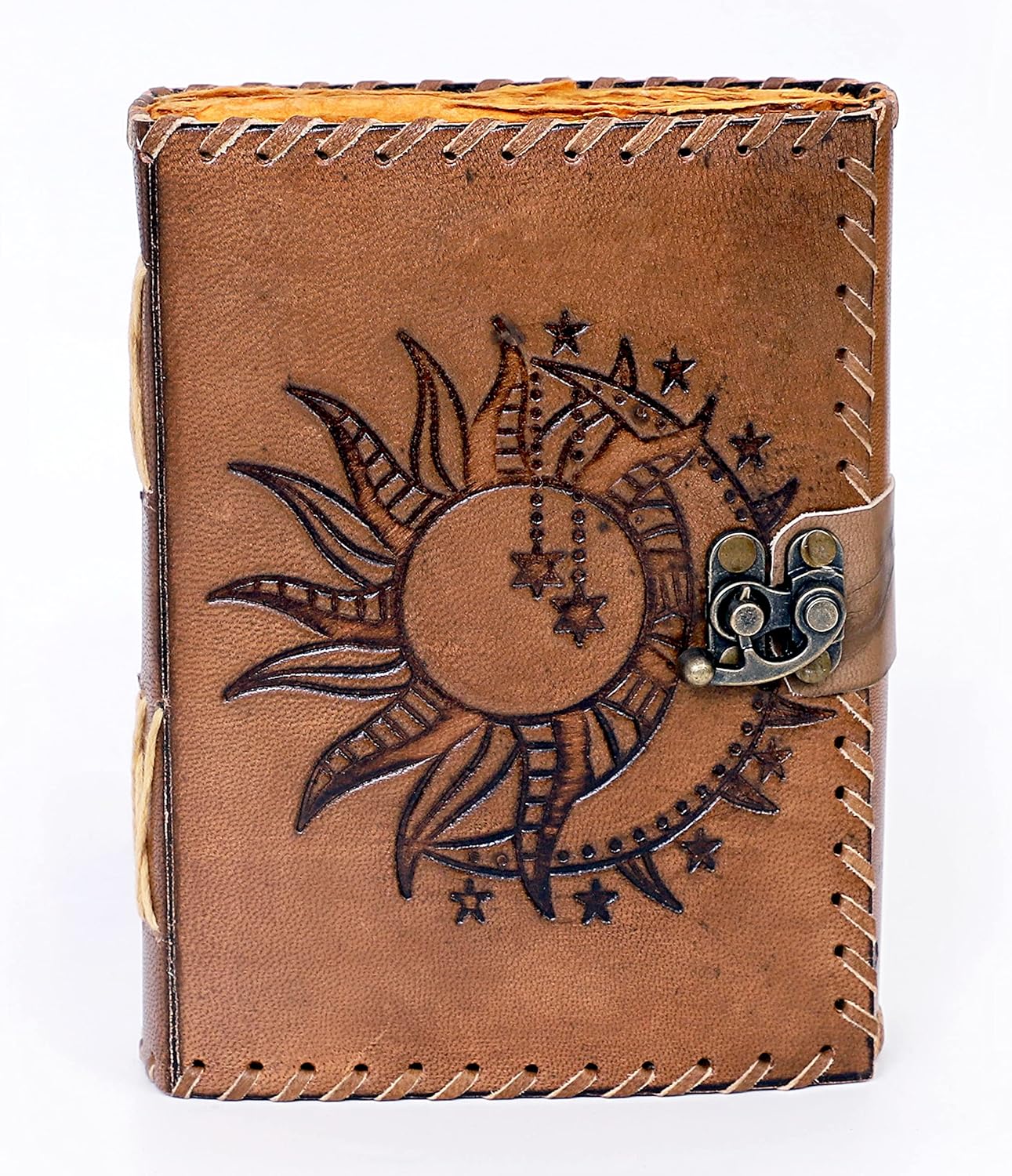 Sun & Moon Emboss Journal, 220 Deckle Edge Handmade Pages Journal, Vintage Journal, Sun Moon Journal, Leather Sketchbook, Leather Notebook (7 x 5 Inch, Vintage Brown - Deckle Edge Paper)