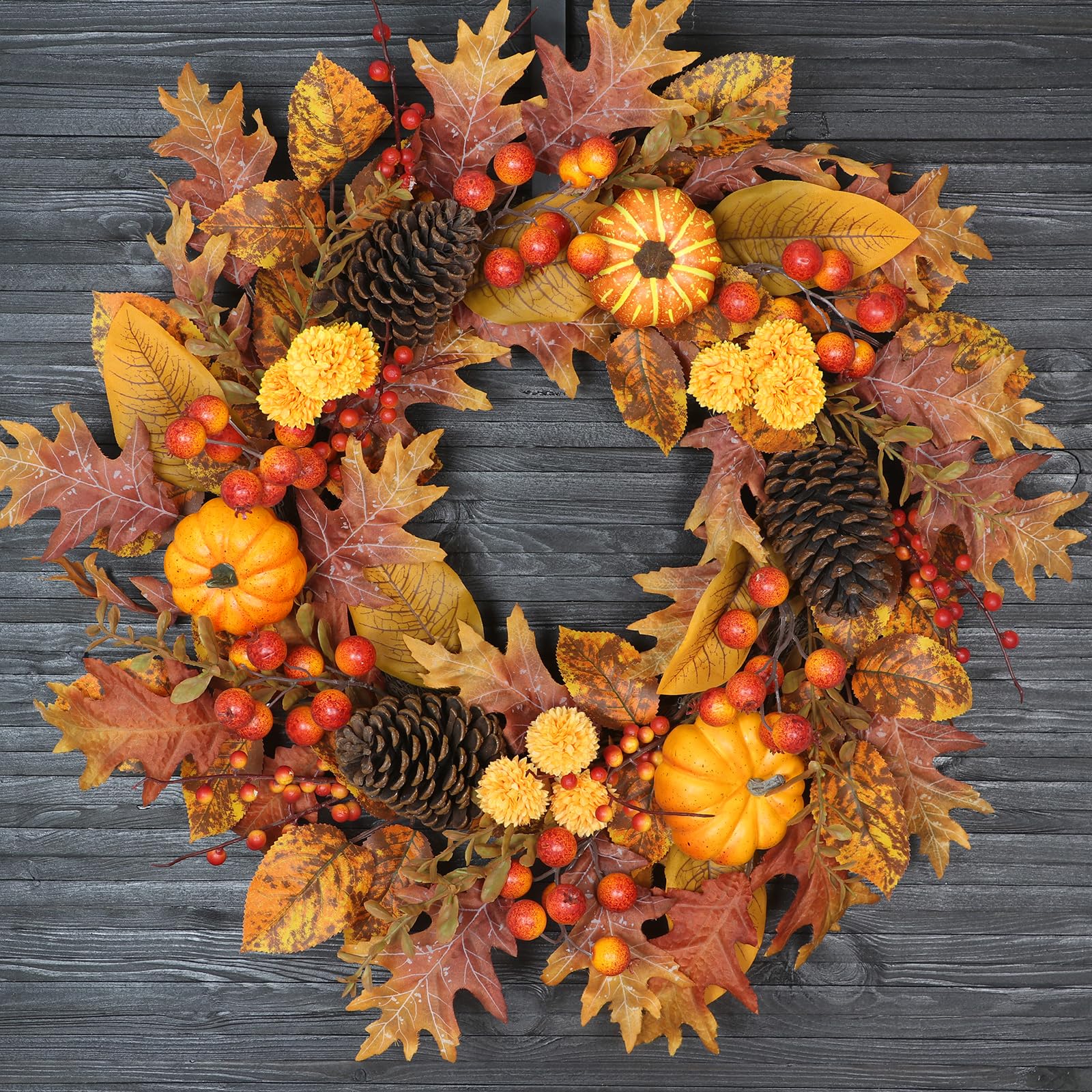24 Inch Fall Wreath for Front Door, Pumpkin Berry Maple Leaf Autumn