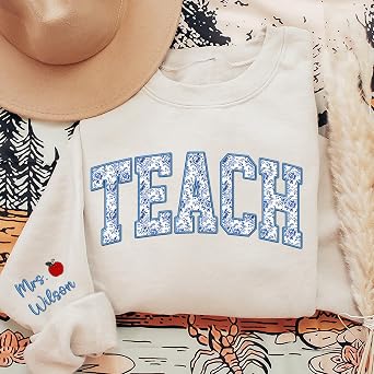 Personalized Floral Embroidered Teacher Sweatshirt, Back to School Gift for Educators, Teacher Appreciation Pullover