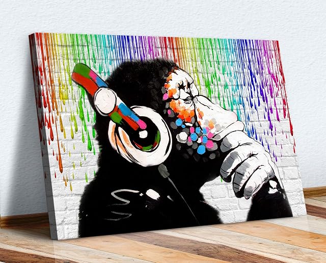 MONKEY DJ BANKSY LOVE PAINT RAIN CANVAS STREET WALL ART PRINT ARTWORK - GORILLA (24in x 16in / 60cm x 40cm)