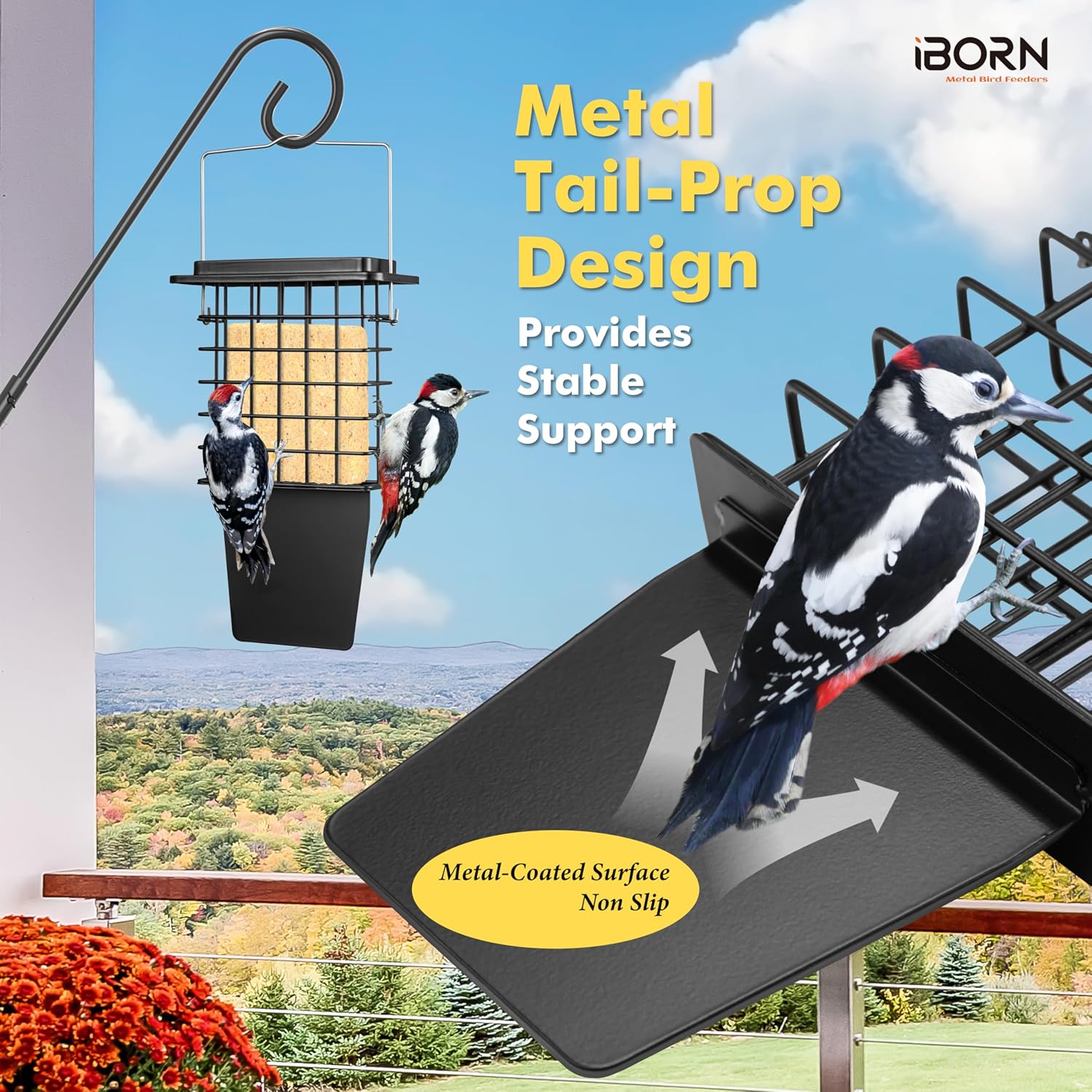 iBorn Deck Hook for Bird Feeder,360° Rotatable Arm, 28 Inch, Pack of 1 + Metal Suet Feeder with Tail Prop Heavy-Duty Woodpecker Feeder,Black,1 Pack