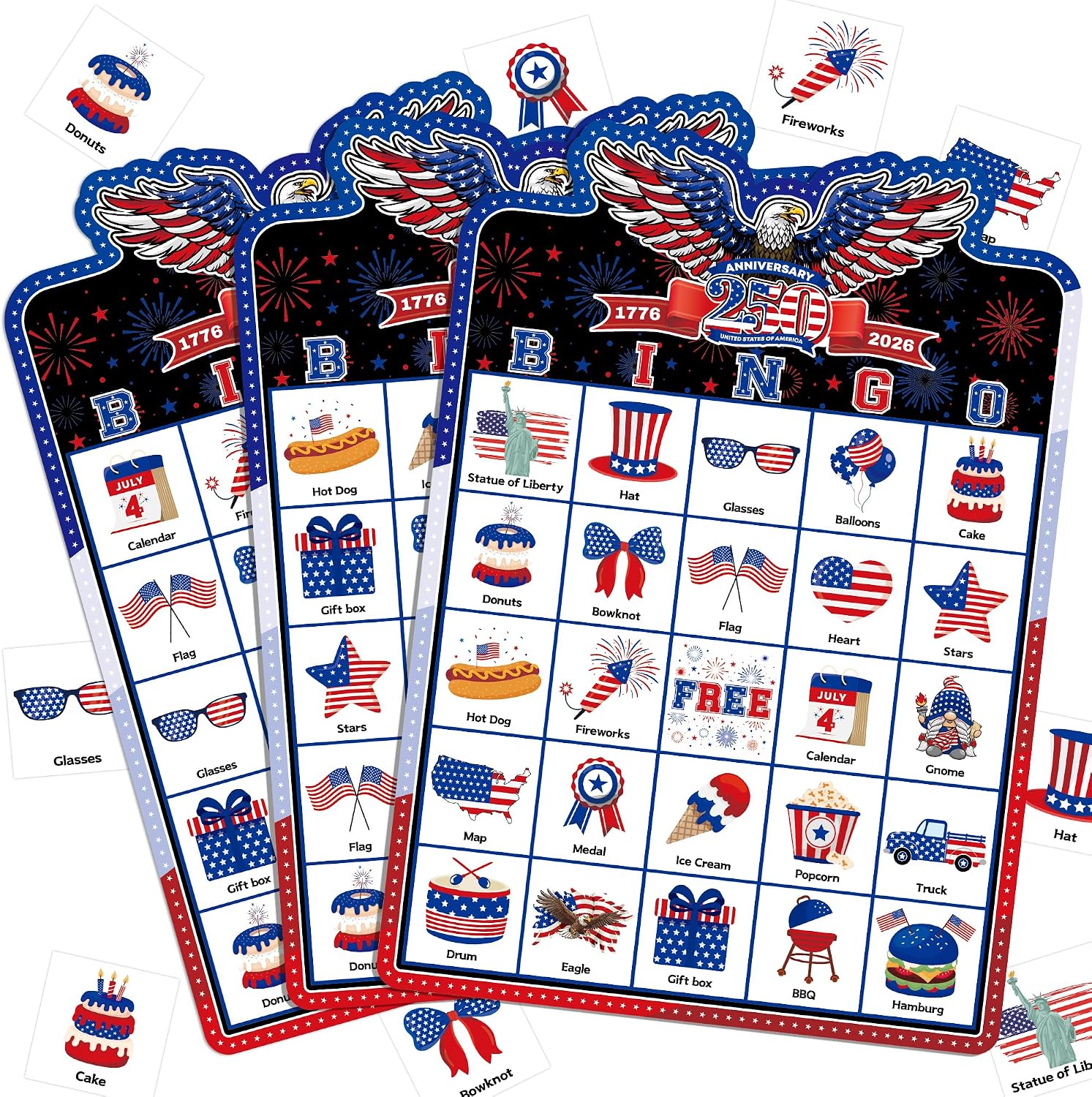 Joy Bang 250 Anniversary USA Bingo Cards Games for Kids Adults, 250th Anniversary USA Merchandise 4th of July Bingo Patriotic Crafts Activities Games Independence Day Party Favors Supplies