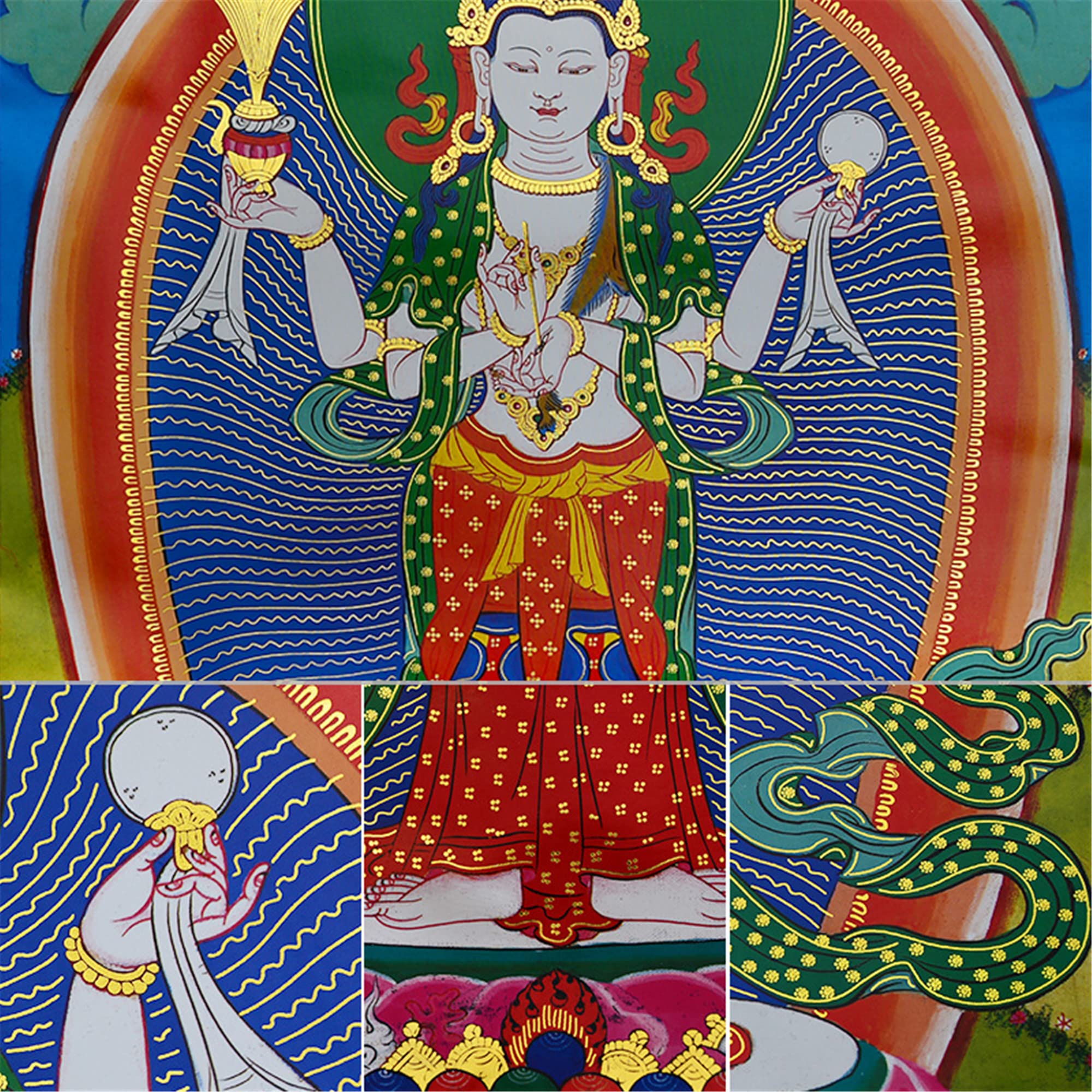 Gandhanra Thangka Tibetische Wandbehang,Chenrezig Thagnka,Heißgeprägter Buddha Wandteppich für Zen Wohnkultur, Meditation, Spirituelle Entspannung und Ruhe