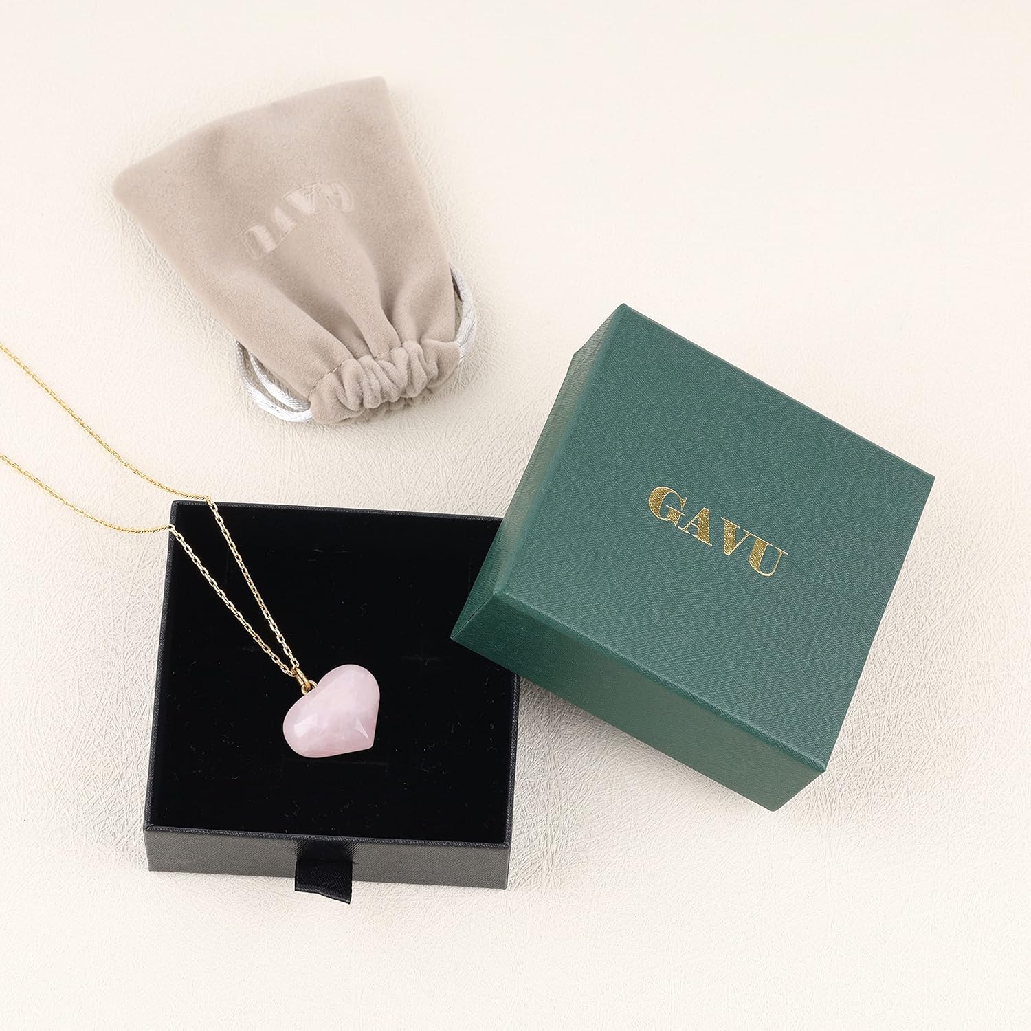 GAVU Rose Quartz Crystal Heart Pendant Necklace for Women,18K Gold Plated - Image 6