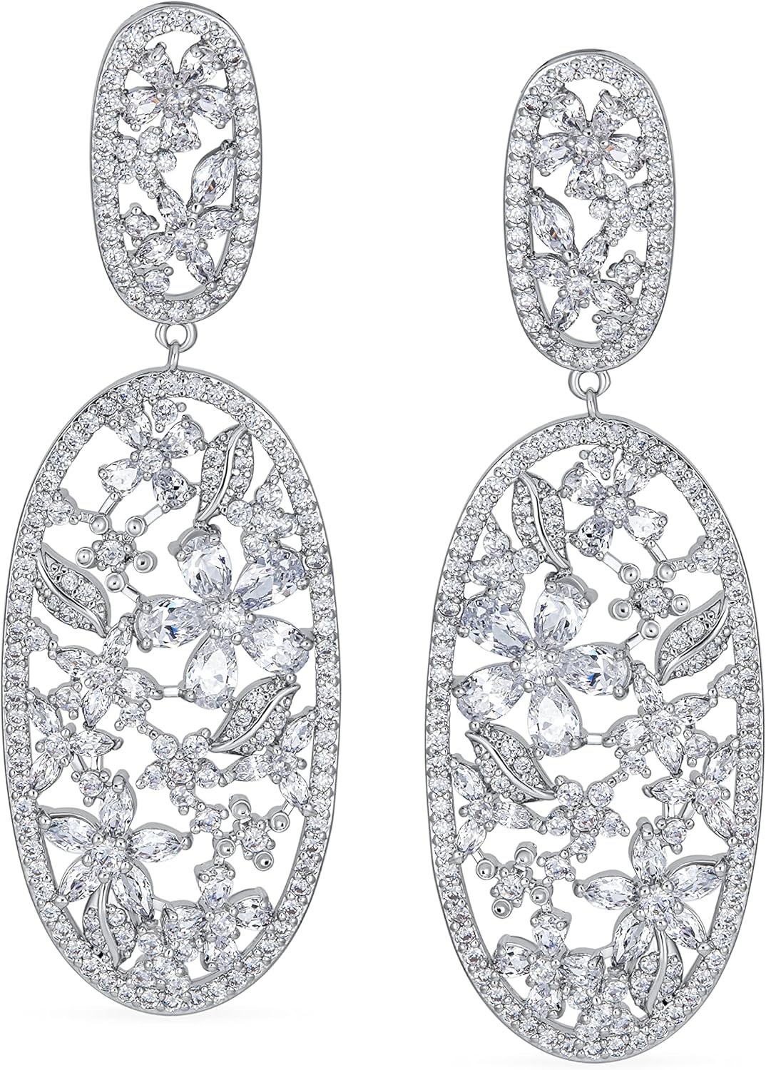 Vintage Bridal Art Deco Style Large Cubic Zirconia Flower Leaf Oval Long Statement CZ Bouquet Chandelier Dangle Clip On Earrings For Women Wedding Prom Silver Plated Brass