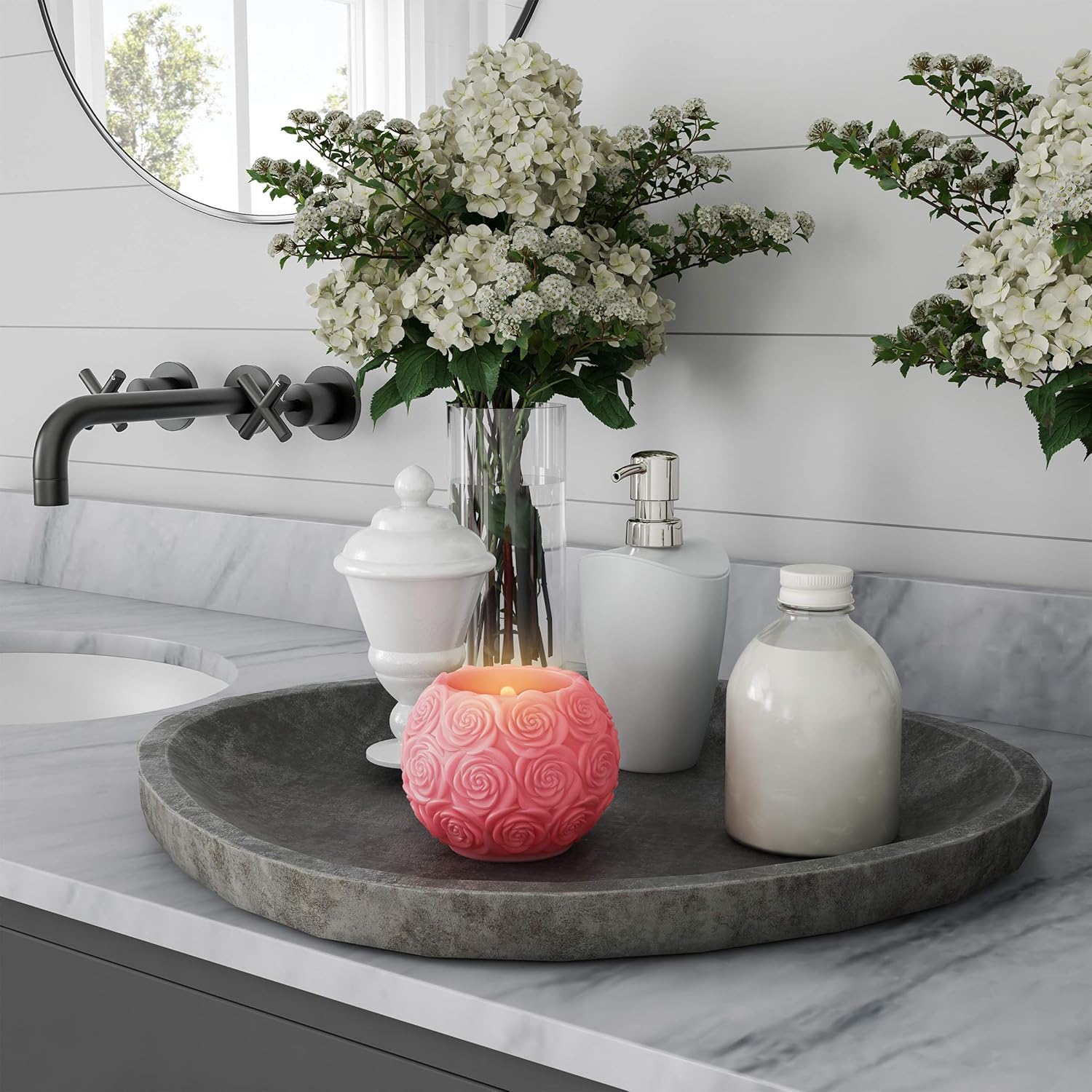 Lavish Home LED Candle with Remote Control-Rose Ball Design Scented Wax, Realistic Flickering or Steady Flameless Sphere Light-Ambient Home Décor, (L) 4.7”x (W) 4.7”x (H) 3.7”, Pink