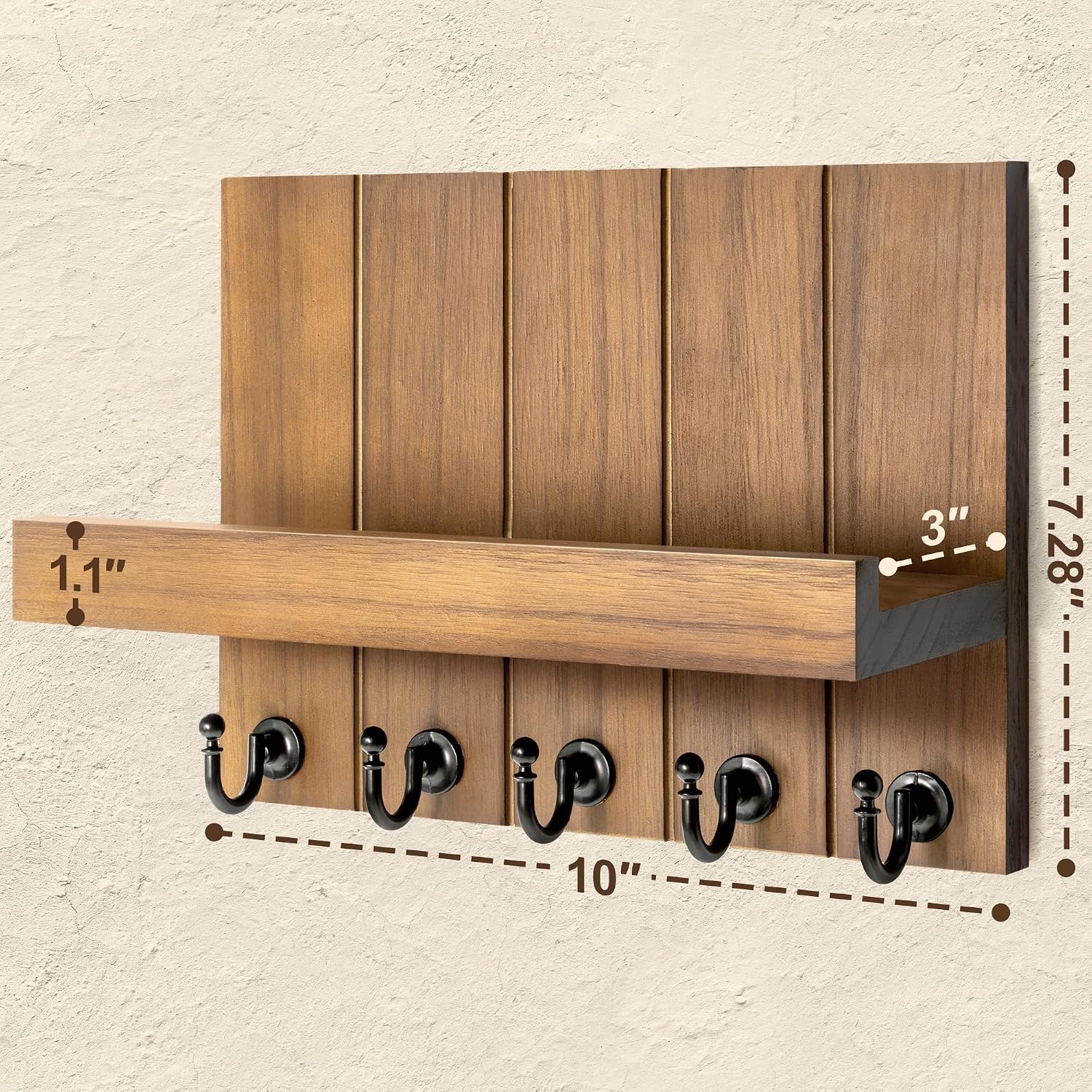 Rebee Vision Decorative Key Holder Wall Mount - Rustic Key Holder for Wall with Shelf and Mail Organizer for Living Room Decor - Home Essentials for Home Improvement (Brown, 3.54" x 10" x 7.28")
