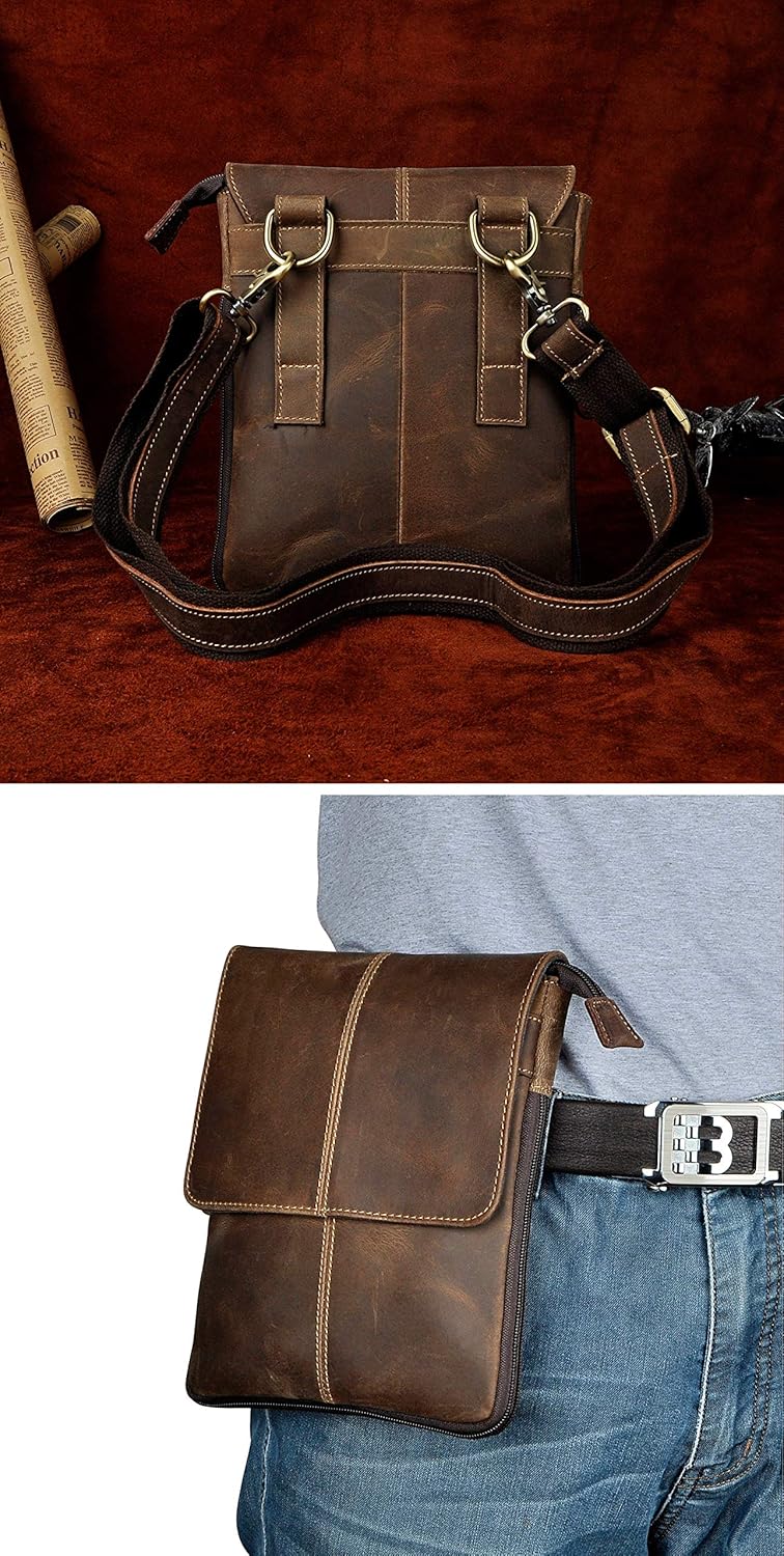 Le'aokuu Mens Genuine Leather Waist Pack Messenger Shoulder Bag Cross Body