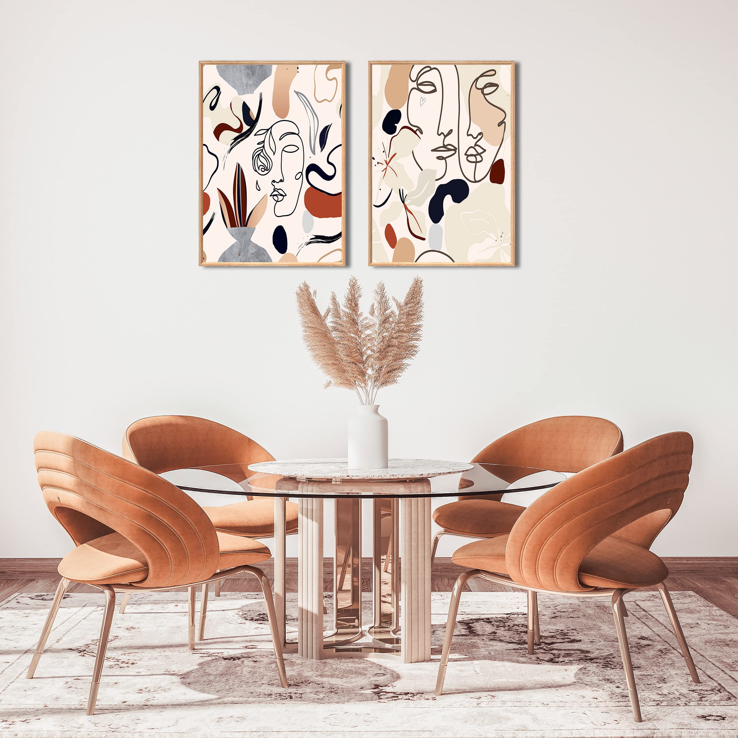 DekoArte - Tableau decoration murale salon PICASSO 50x70cm x2 cadre bois | Set 2 tableaux avec cadre couleur bois, impression visages traits Picasso en tons neutres, prêts à accrocher