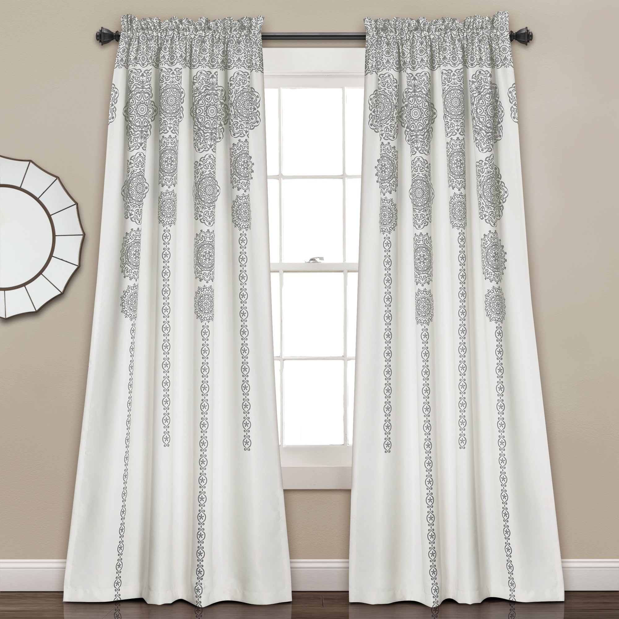 Lush Decor Fabric Mandala Bohemian Damask Print Room Darkening Window Panel Set for Living, Dining, Bedroom (Pair), Polyester, Grey, 84 in x 52 in (L x W)