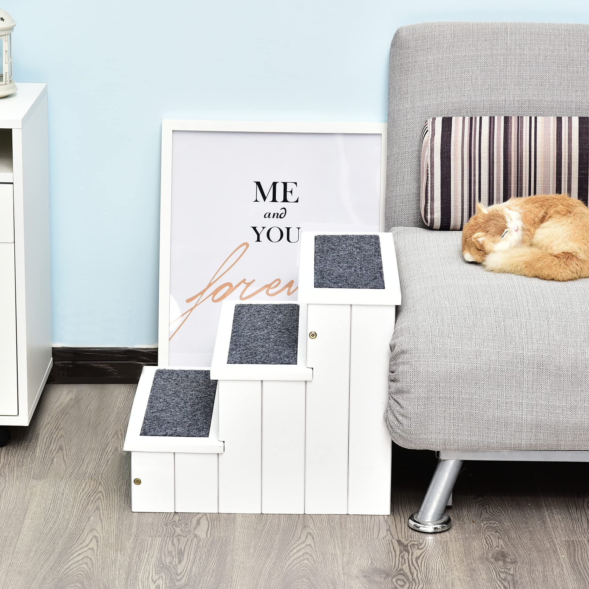 PawHut Escalera para Mascotas de Madera 3 Peldaños 40,5x44,5x38 cm Blanco | Escalera para Perros, Espacio de Almacenaje, Alfombra Antideslizantes, Carga 30 kg