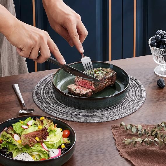 LIANYU 35oz Stoneware Pasta Bowls Set of 4, Large Salad Pasta Bowl for Kitchen, Wide and Shallow Ceramic Plate Bowls for Serving Soup Dinner, Microwave & Dishwasher Safe, Deep Green
