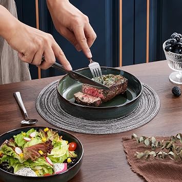 LIANYU 35oz Stoneware Pasta Bowls Set of 4, Large Salad Pasta Bowl for Kitchen, Wide and Shallow Ceramic Plate Bowls for Serving Soup Dinner, Microwave & Dishwasher Safe, Deep Green