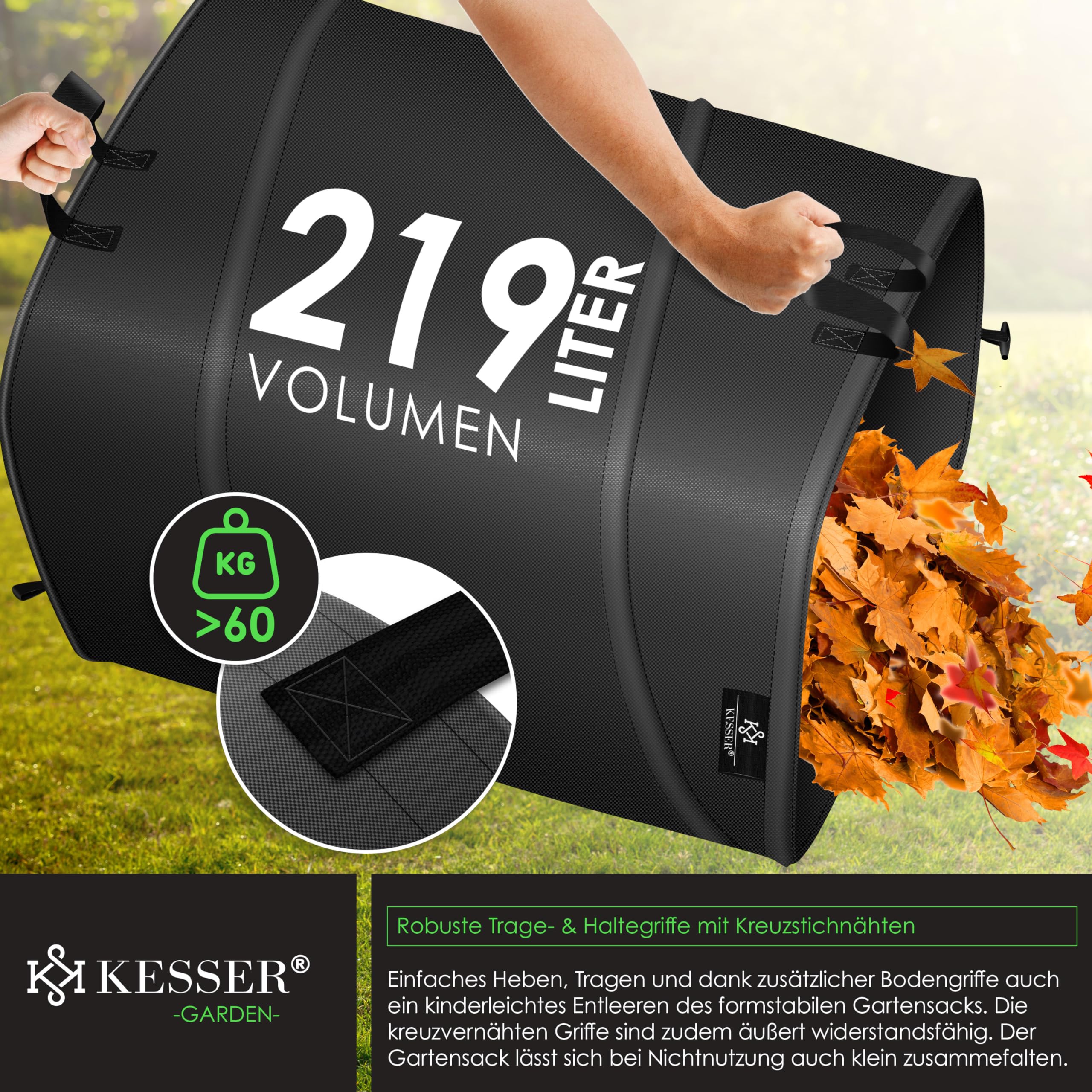 KESSER® Set di Sacchi da Giardino Pop-up - 1x 219 Litri, Sacco per Rifiuti da Giardino con Guanti, Autoportante con Maniglie, Robusto, Robusto e Richiudibile, Antracite/Nero