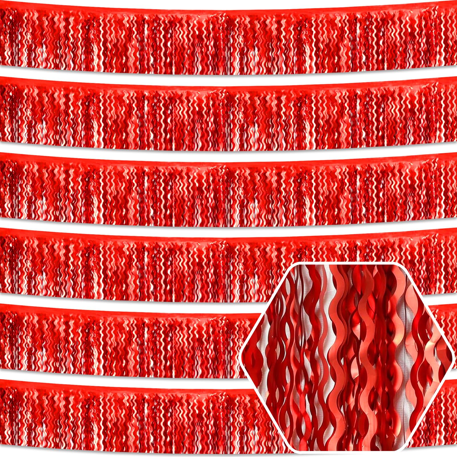 6 Pack 10 Feet Red Wave Foil Fringe Garland Metallic Tinsel Streamers Banner Wall Hanging Curtain Backdrop for Parade Floats, Mother's Day, Easter, Wedding, Birthday Party Decoration