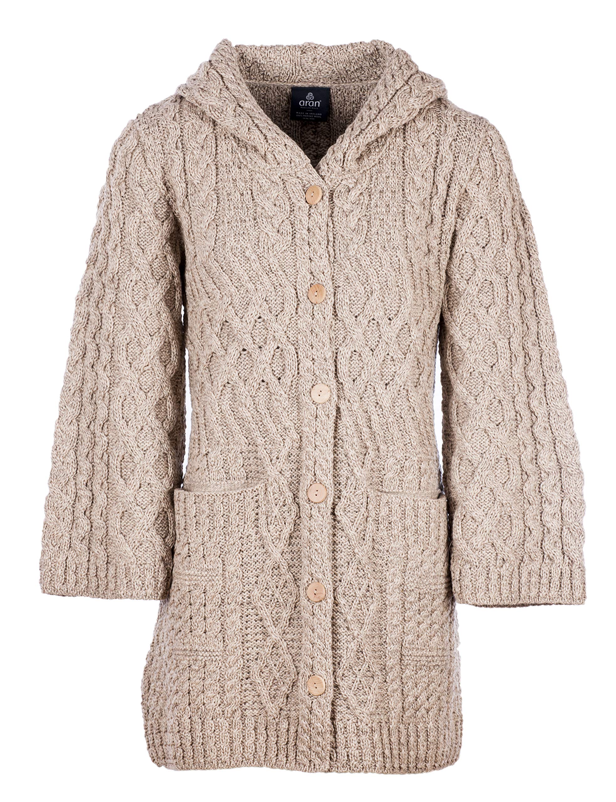 Ladies - Merino Wool - Irish Knit - Buttons Long Cardigan for Women with Hood and Front Pockets
