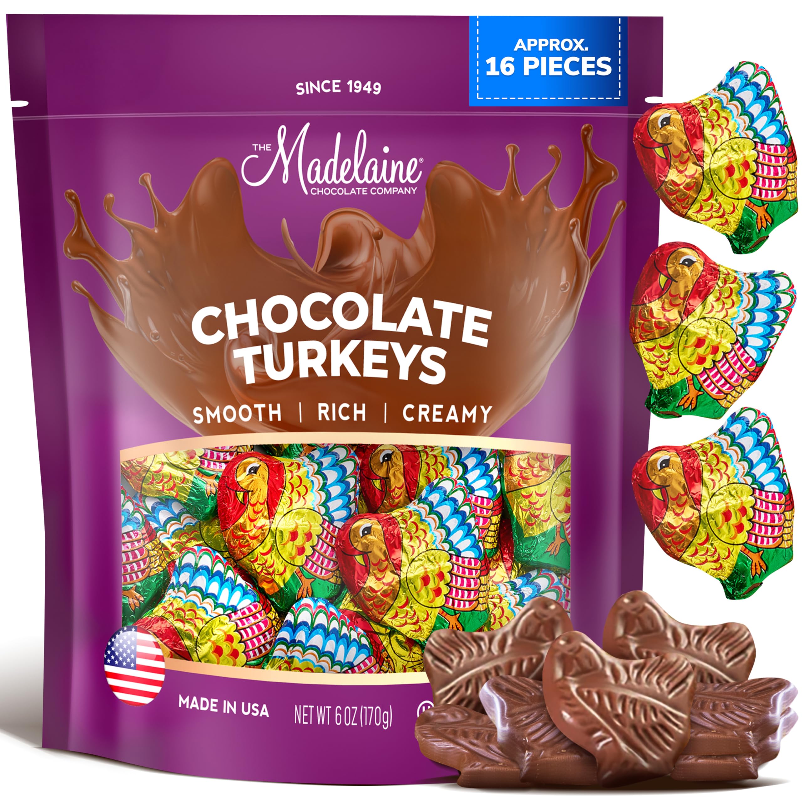 Madelaine Milk Chocolate Turkey Candy – Individually Foil-Wrapped Thanksgiving Chocolates – Festive Fall Holiday Treats – 6 oz Bag (Approx. 16 Pieces)