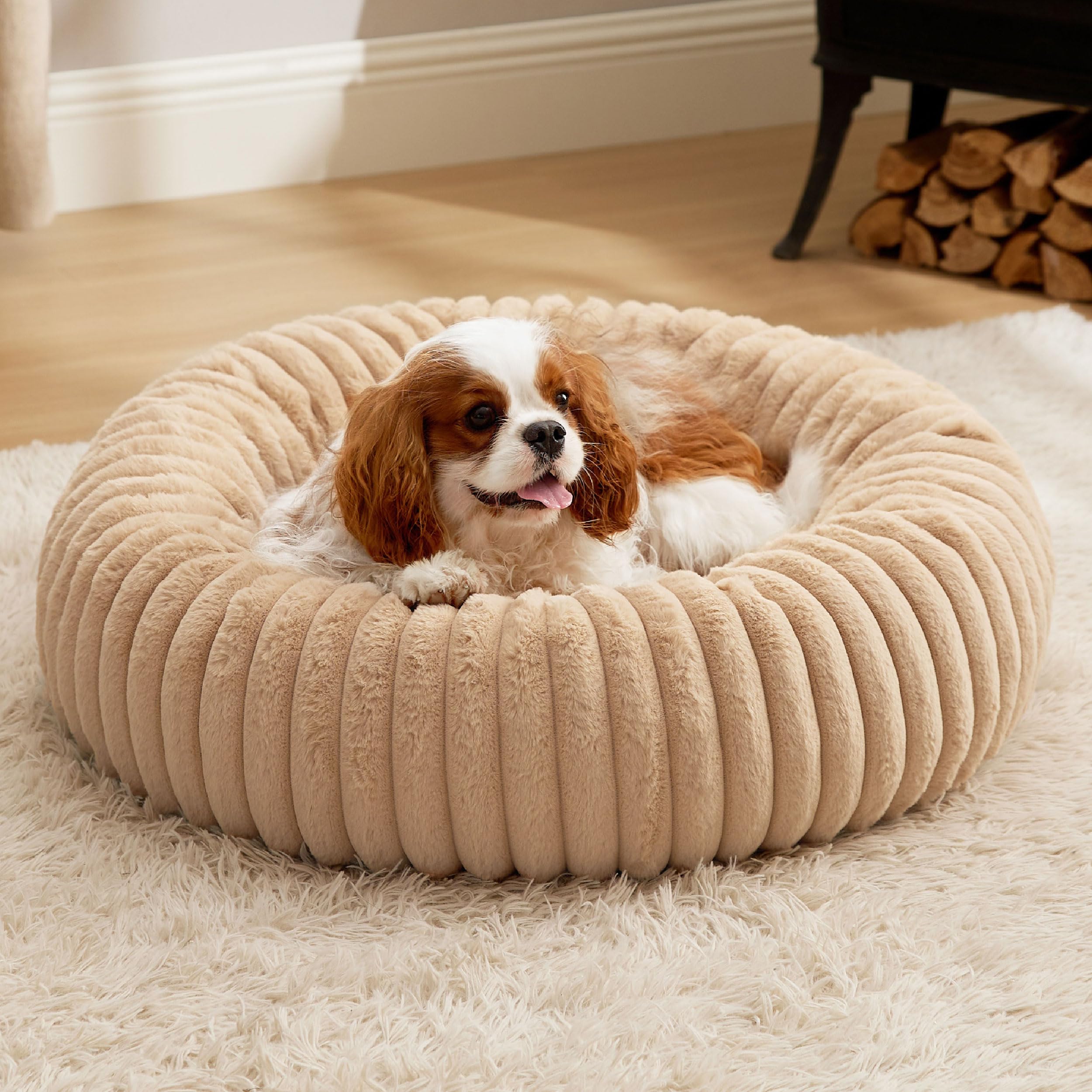 Bedsure ComfyFleece Donut Medium Dog Bed - Washable Faux Fur with Corduroy Fleece & Anti Slip Bottom, Round Pet Bed with Removable Cover,Sandy Beige,