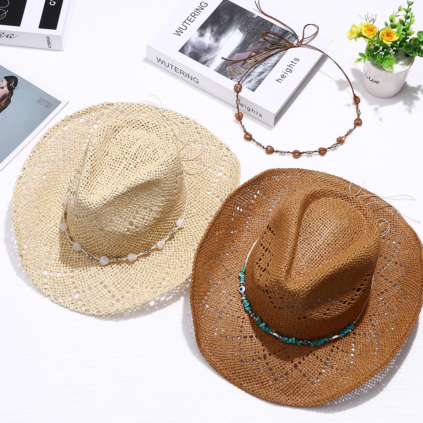 JewelryWe Boho Strohhut Sonnenhut für Damen, Western Cowboyhut mit 2 austauschbaren Schmuckketten Atmungsaktiver Strandhut UV Schutz Sommerhut mit Krempe für Strand